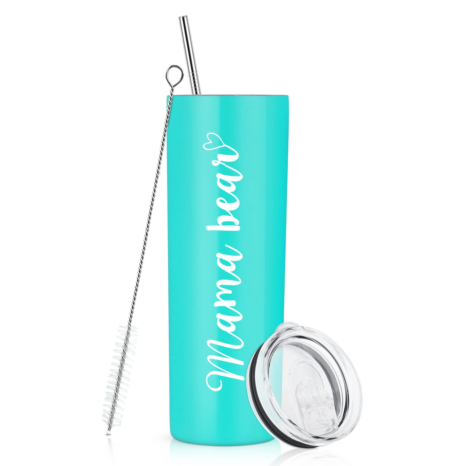 Mom Gifts - Mama Bear Skinny Travel Tumbler, Double Wall Insulated Tumbler with Lid and Straw for Mom, New Mom, Mom to be, Wife - Great Gift Idea for Mother's Day Birthday Christmas (Aqua Blue) - Perfect for Coffee, Tea, and Smoothies On-the-Go