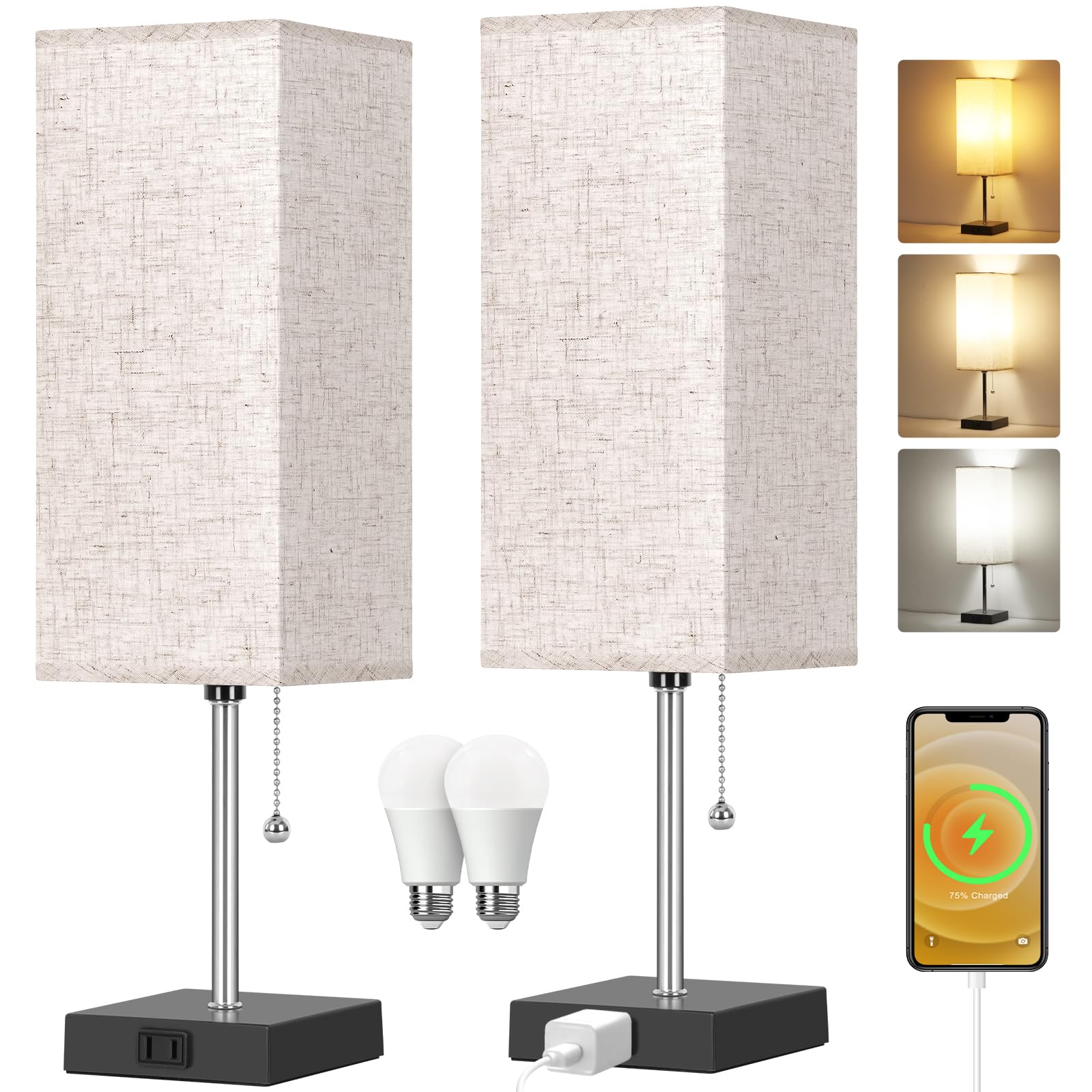 2-Pack 3-Color Adjustable Table Lamps with Pull Chain & AC Outlets - 18
