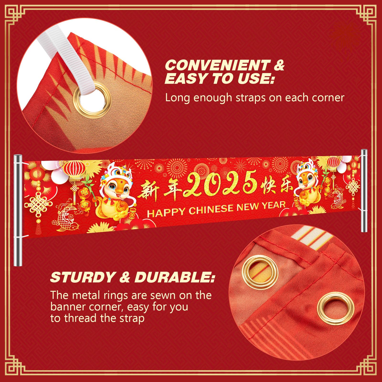 2025 Chinese New Year Snake Decorations - Large 8.2x1.5ft Fabric Happy New Year Banner for Spring Festival | Indoor/Outdoor Party Supplies, Wall Decor & Home Celebration
