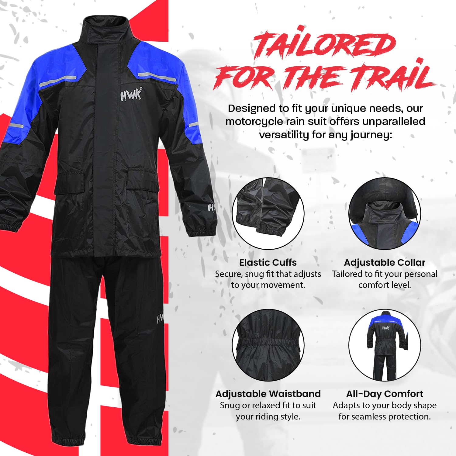 HWK Motorcycle Rain Suit for Men & Women - Waterproof 2-Piece Riding Gear with Reflective Jacket & Pants | All-Season Weather Protection for Commuting, Touring & Adventure Riding | Blue, X-Large