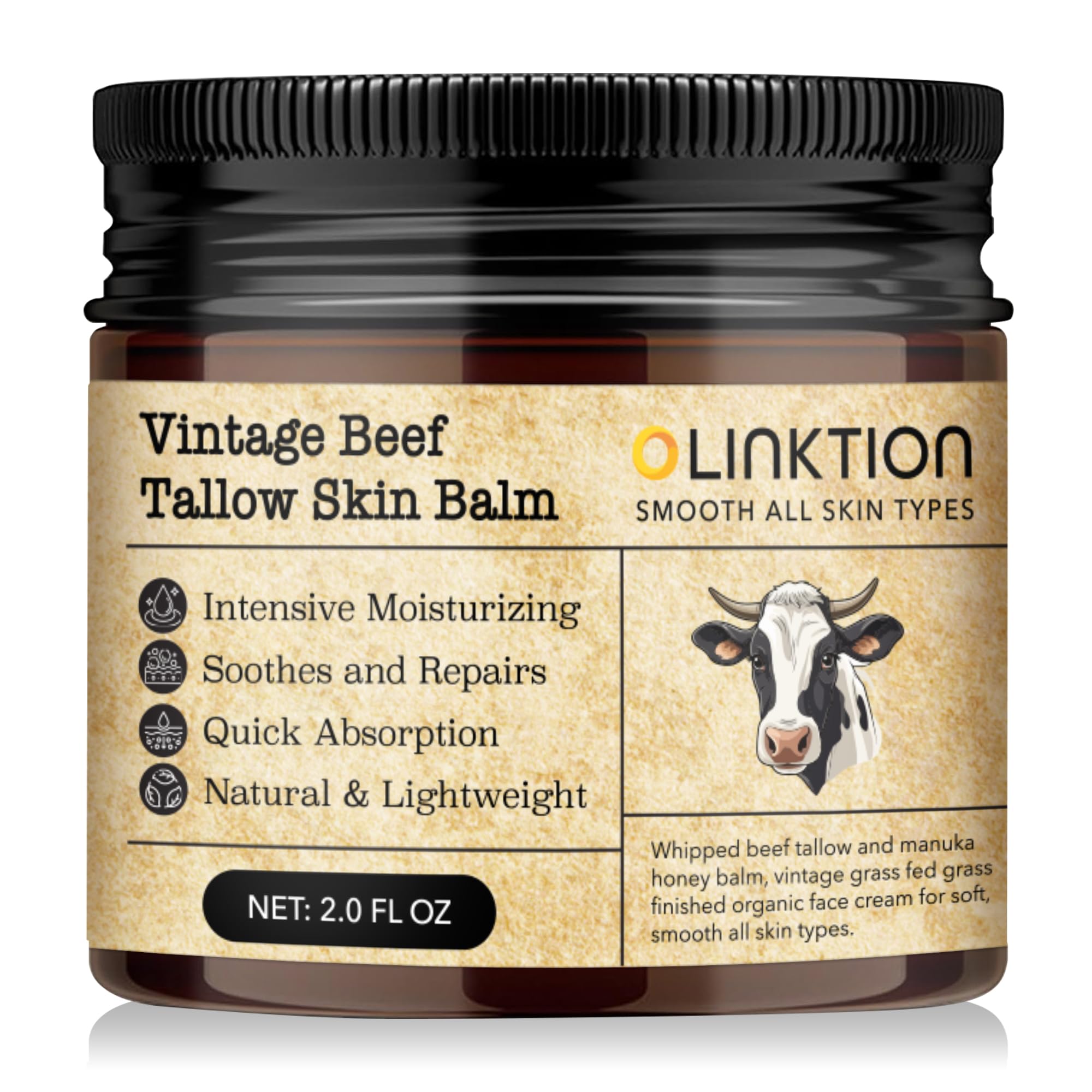 100% Grass-Fed Beef Tallow & Manuka Honey Balm for Face & Body - Organic Moisturizer with Olive Oil for Sensitive Dry Skin Repair - 2 oz - Perfect for Winter Care & Eczema Relief