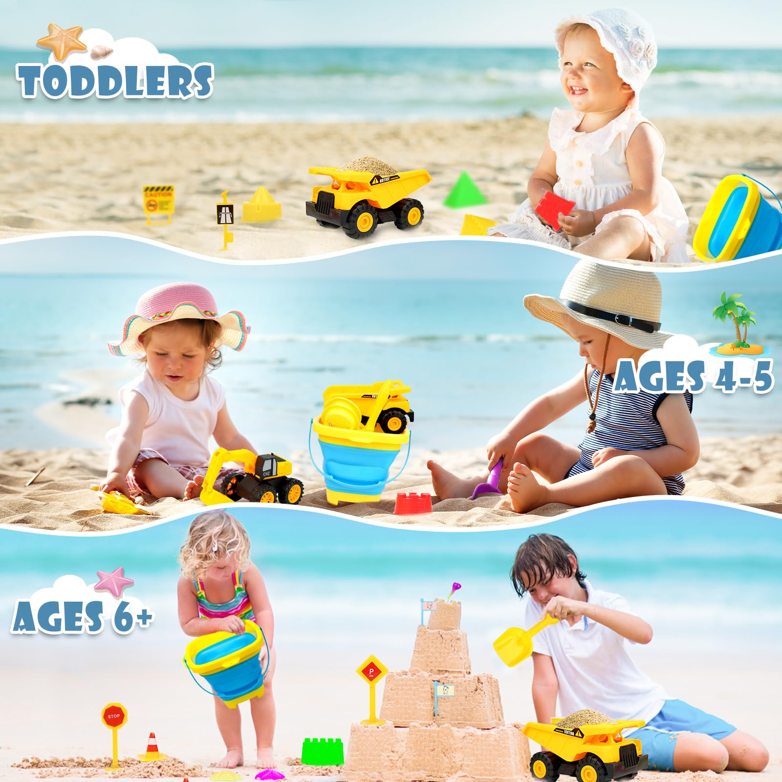 45 Pcs Beach Sand Toys Set with Sand Castle Kit, Dinosaur & Animal Molds, Mini Traffic Signs, Flag Trucks & Mesh Bag - Fun Outdoor Travel Toys for Kids & Toddlers - Perfect for Beach, Sandbox & Backyard Play