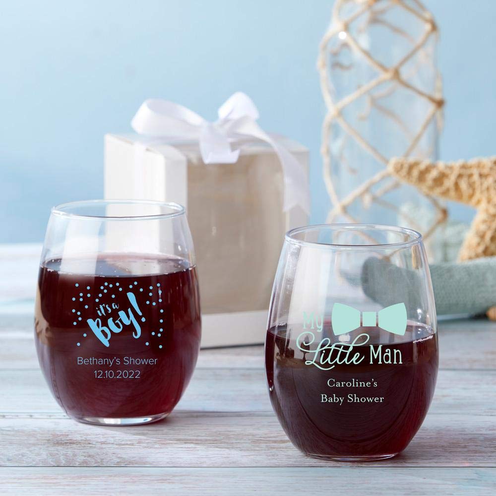 Kate Aspen Personalized 9 oz. Stemless Wine Glass Set of 48 - Light Blue Custom Text Drinking Glasses for Baby Shower Party Favors, Wedding Decor & DIY Crafts - Perfect for Celebrations, Gifts & Home Entertaining