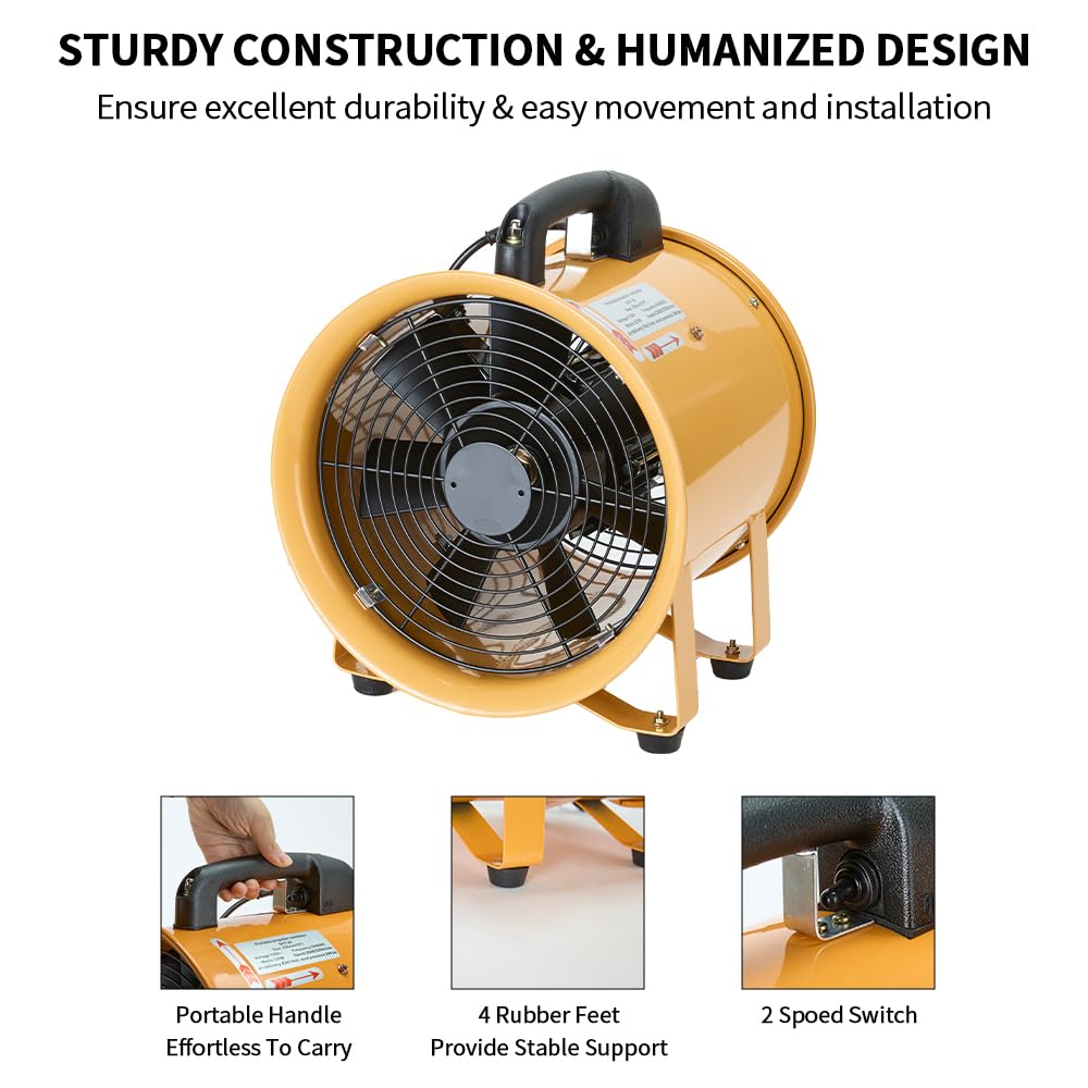 ONNAO 8 Inch High Velocity Utility Blower Fan - 3300 RPM Industrial Ventilator with 16 ft Flexible Duct Hose (1500 m³/h Airflow) - Perfect for Workshop, Garage, Basement & Home Ventilation