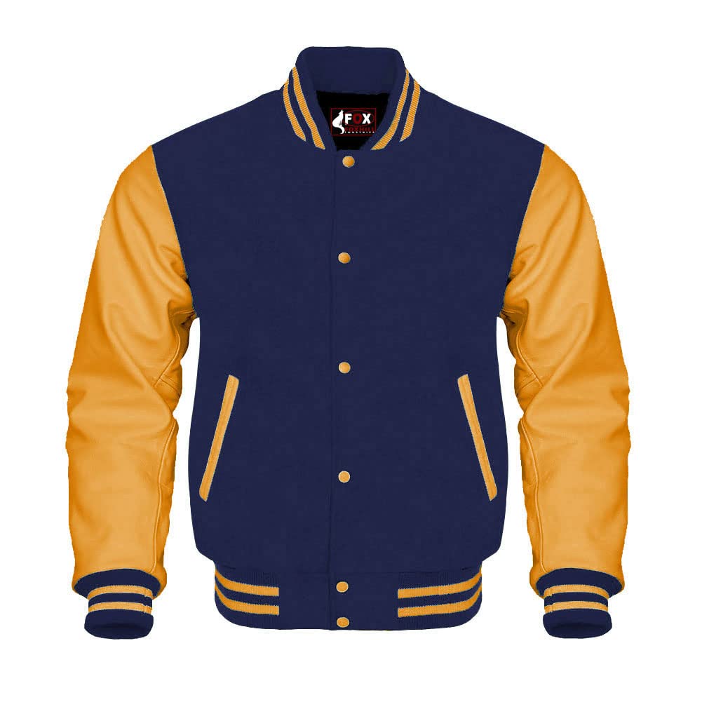 Authentic Gold Leather & Navy Wool Letterman Baseball Jacket for School Teams - Perfect for Varsity Sports, Games, and Casual Wear