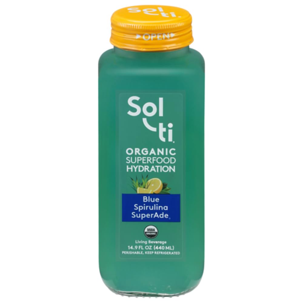 Organic SuperAde Hydration Drink with Cold-Pressed Blue Spirulina & Lemon Juice - Boosts Memory & Energy | SuperFood Lemonade by Sol-ti | 16 Pack (14.9 Fl Oz) | Perfect for Workouts, Yoga & Post-Workout Recovery