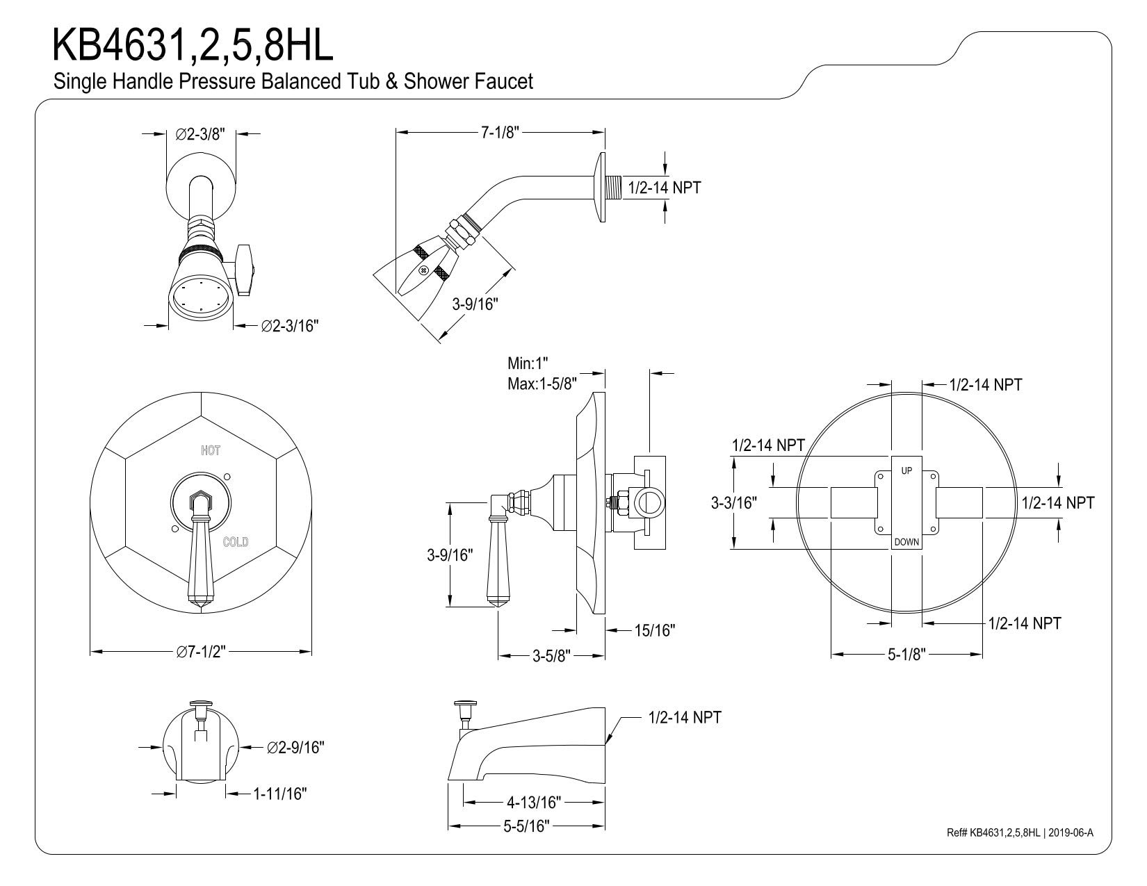 Kingston Brass KB4638HL Metropolitan Brushed Nickel Tub and Shower Faucet - Bathroom Fixture for Modern Homes & Spa-Like Showers