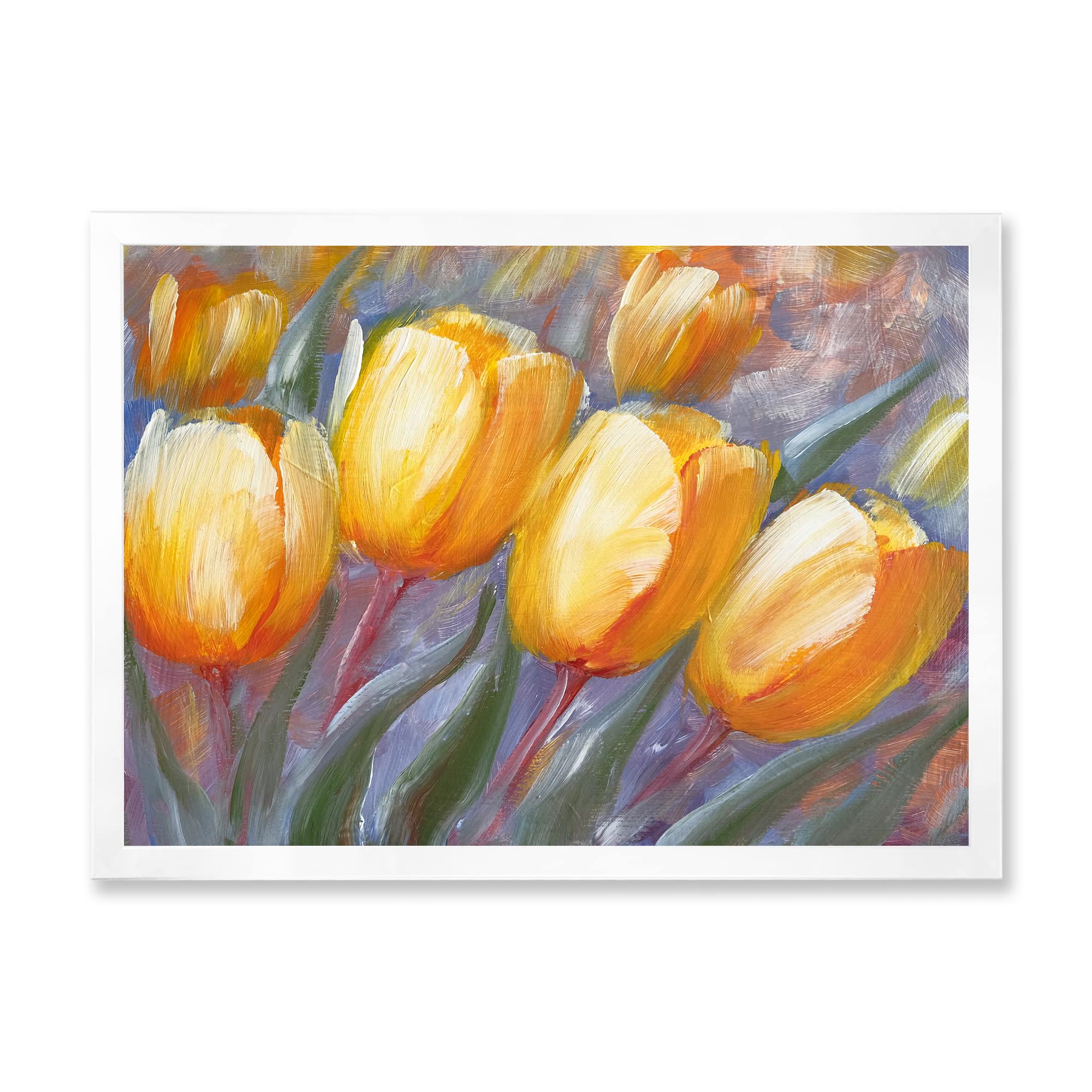 DesignQ Yellow Blooming Tulips Traditional Framed Wall Art - Hand Painted Canvas Painting for Living Room, Bedroom & Office Decor