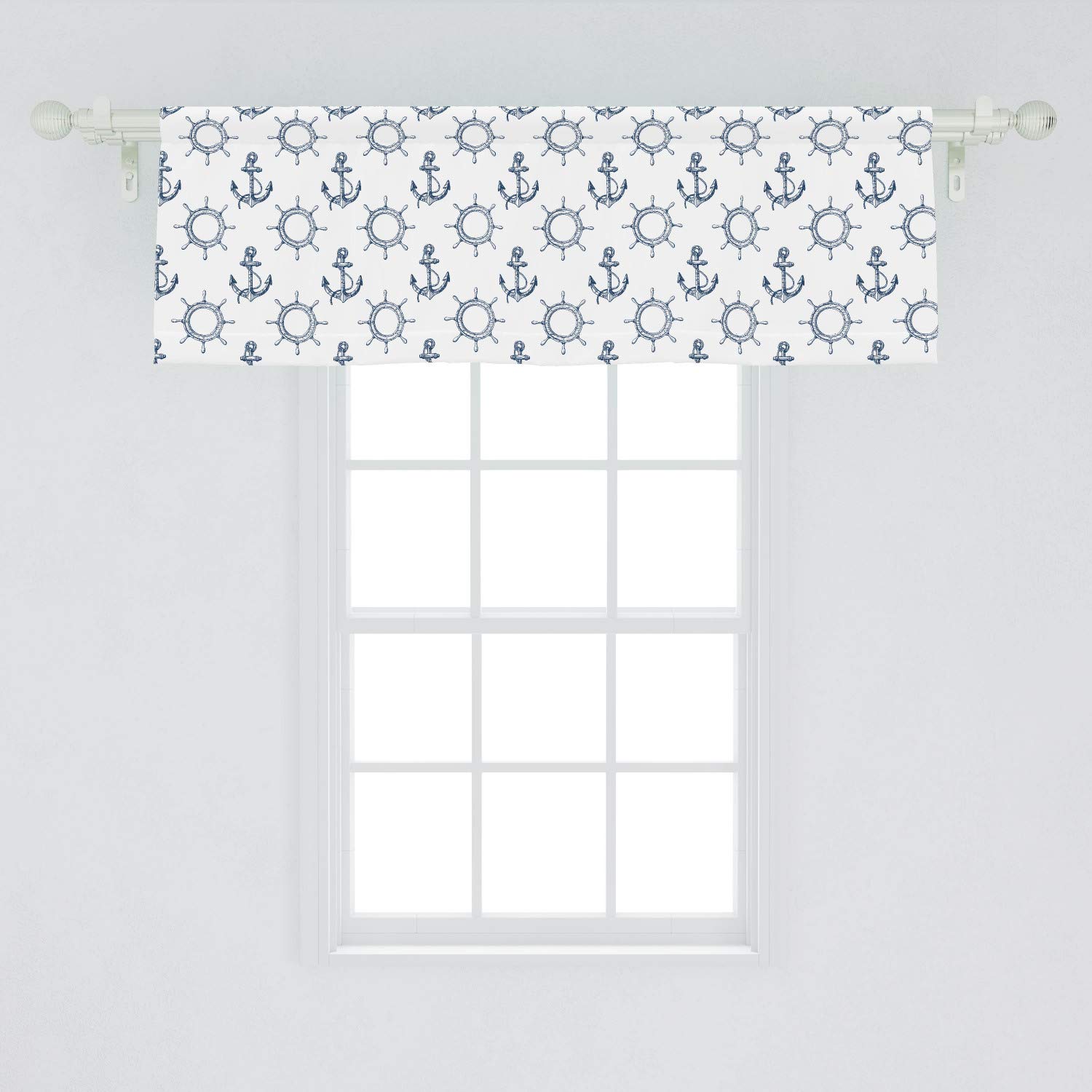 Lunarable Nautical Ships Wheel Window Valance - Anchors & Steering Wheels Pirate Sailor Marine Theme Curtain Valance with Rod Pocket, 54x18 Inches, Night Blue - Perfect for Kitchen, Bedroom & Coastal Home Decor