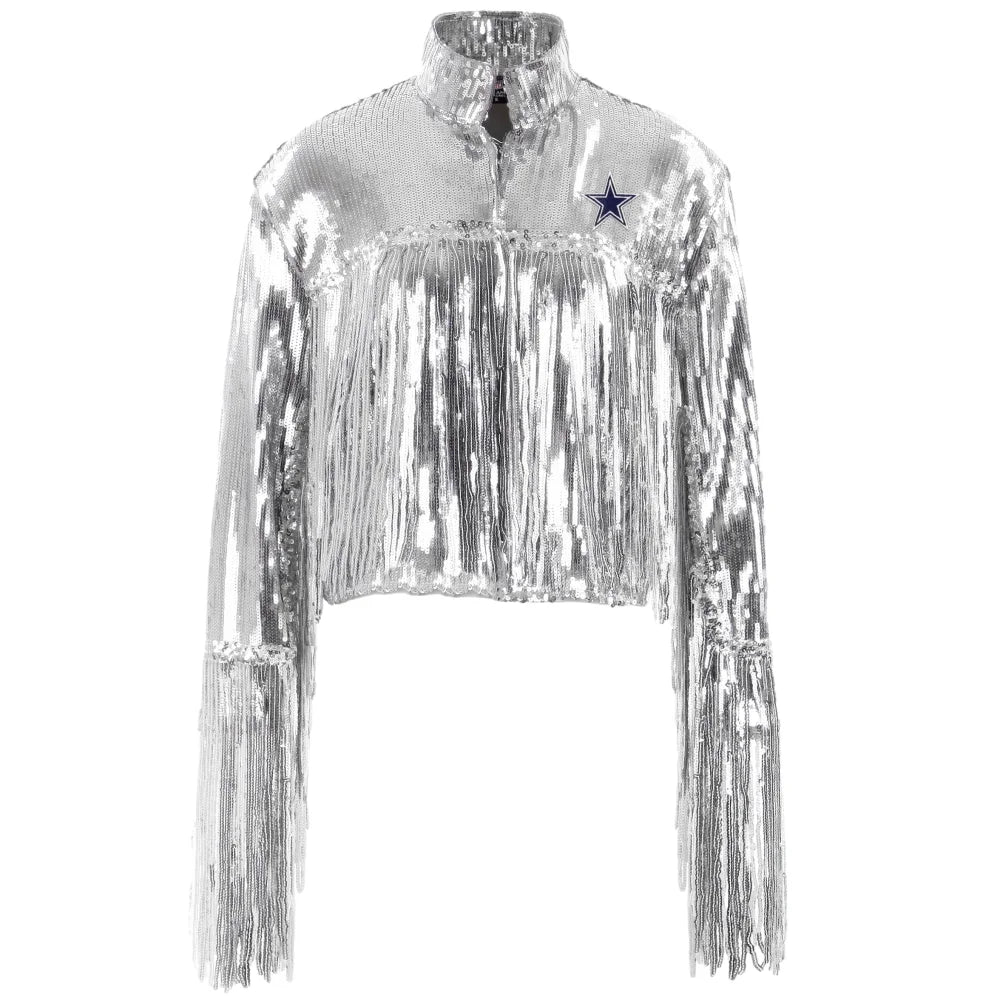 Dallas Cowboys Women's Sequin Fringe Jacket - Glamorous NFL Team Apparel for Game Day, Parties & Night Out