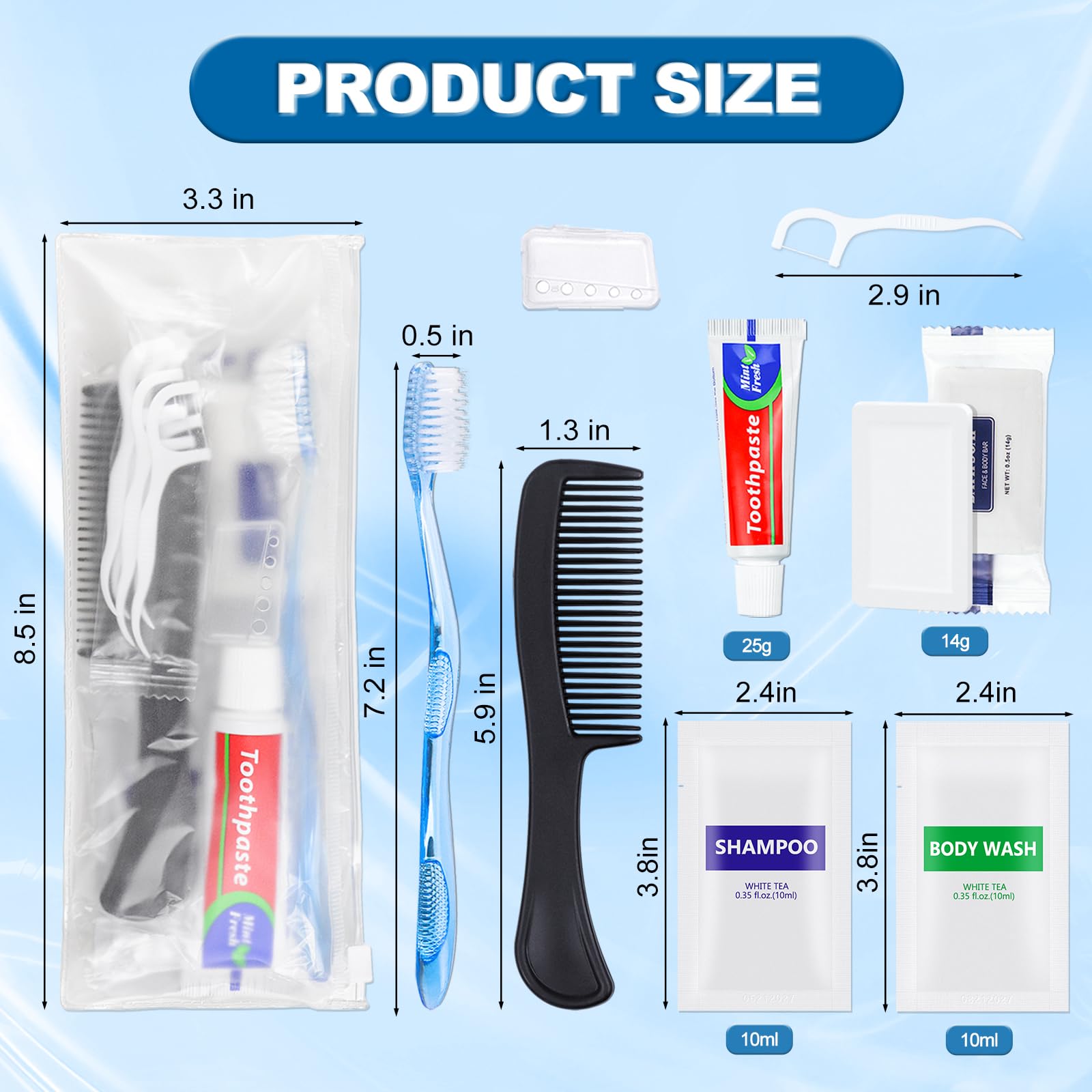 5-Piece Personal Hygiene Kit - Bulk Toiletry Essentials for Travel, Homeless Shelters & Charity (Includes Toothbrush, Toothpaste, Comb, Soap, Shampoo, Body Wash & Floss Picks) - Perfect for Emergency Kits, Donations & Business Travel Supplies