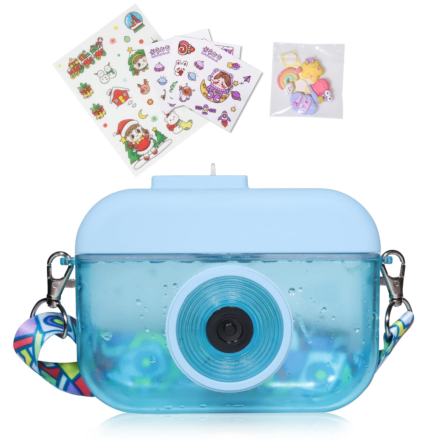 **Cute Kawaii Water Bottle with Straw & Stickers - BPA-Free Plastic Kids Bottle for Girls, Boys - Includes 5 Adorable Stickers & 3D Stickers - Perfect for School, Sports, Juice, Milk Tea (Blue)**