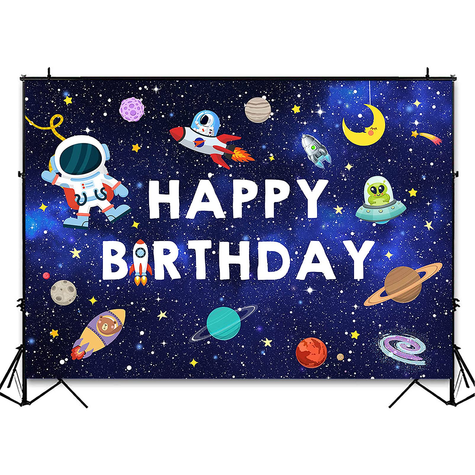 Outer Space Happy Birthday Backdrop for Boys - Blue Planet Galaxy Photography Background (8x6ft) - Perfect for Universe Themed Birthday Parties & Photoshoots