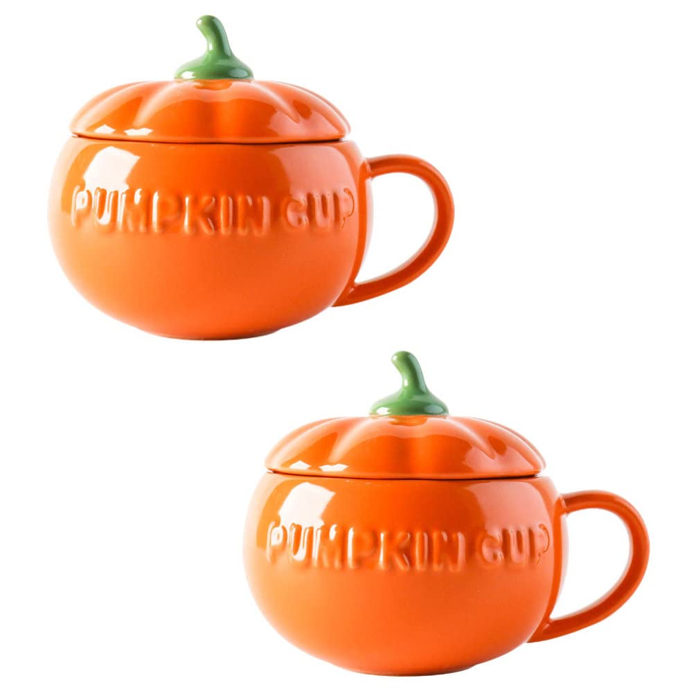 Kichvoe 2-Pack Ceramic Pumpkin Coffee Mugs with Lids - 3.5 Inch Vintage Espresso Cups for Halloween, Thanksgiving & Fall Decor - Perfect for Hot Beverages, Home Decor & Gift Giving