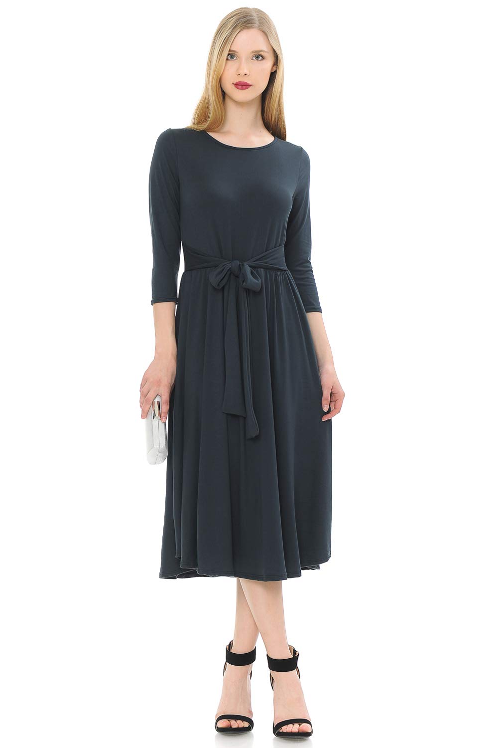 Iconic Luxe Women's A-Line Midi Dress with Waist Tie - Elegant Flowy Summer Dress for Weddings, Parties & Office Wear