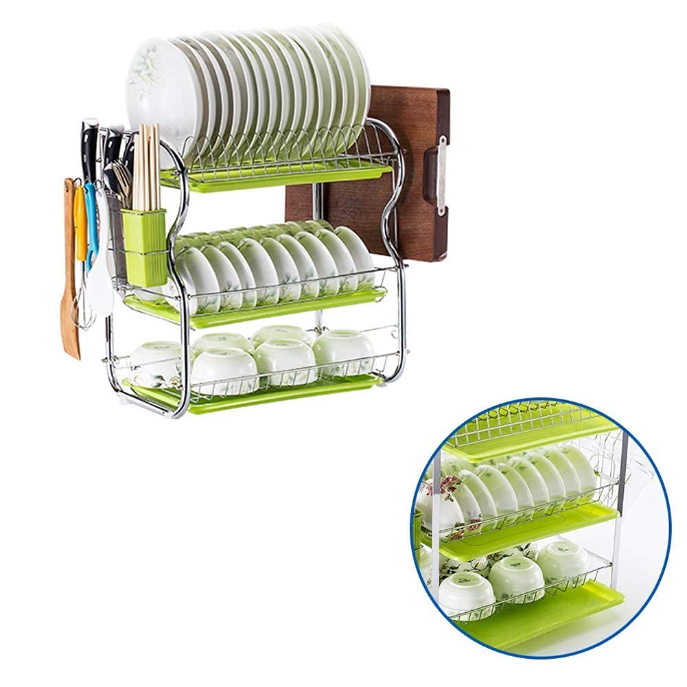 3-Tier Dish Drainer with Cup Holder - Kitchen Drain Rack & Cutlery Organizer (42x25x43cm) - Perfect for Countertop Tableware Storage and Drying Utensils, Forks, Spoons in Small Kitchens