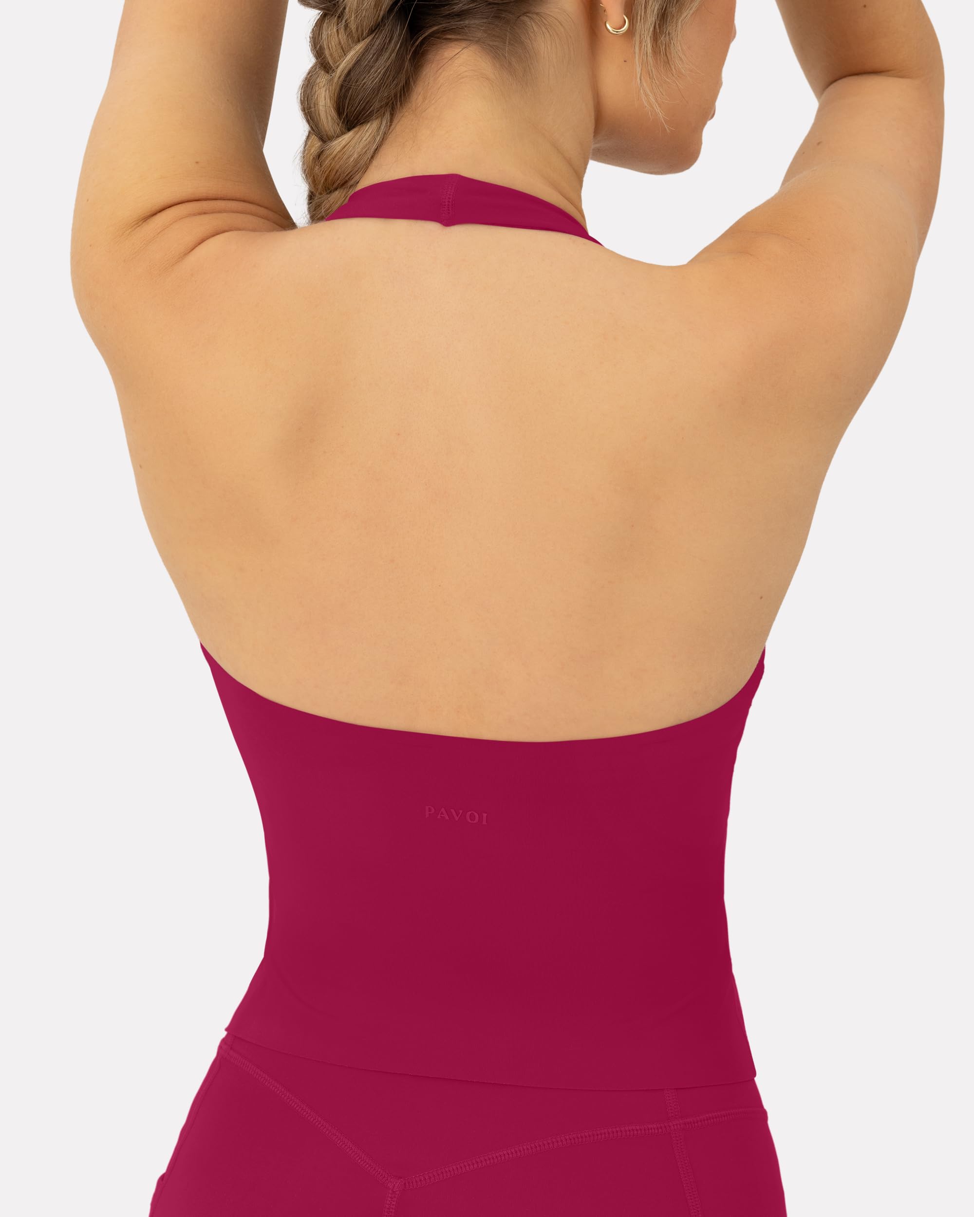 Women's Workout Halter Tops with Built-in Bra - Low Support V Neck Backless Sports Tank Top with Shelf Bra - High Performance for Yoga, Running & Gym