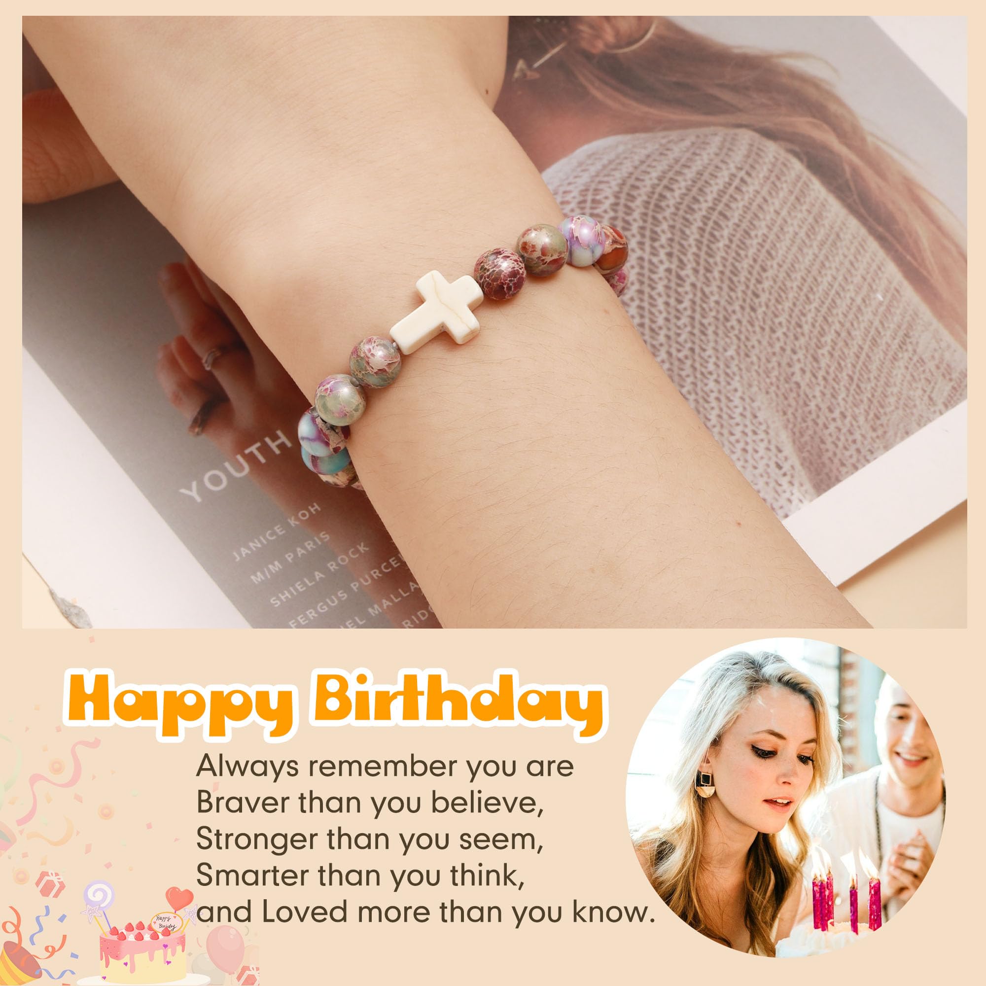 JSJOY Natural Stone Beaded Bracelet - Birthday Gift for Women & Girls Age 6-80, Christian Cross Jewelry for Daughter, Granddaughter, Niece, Mom & Sister - Perfect for Easter, Mother's Day & Everyday Wear