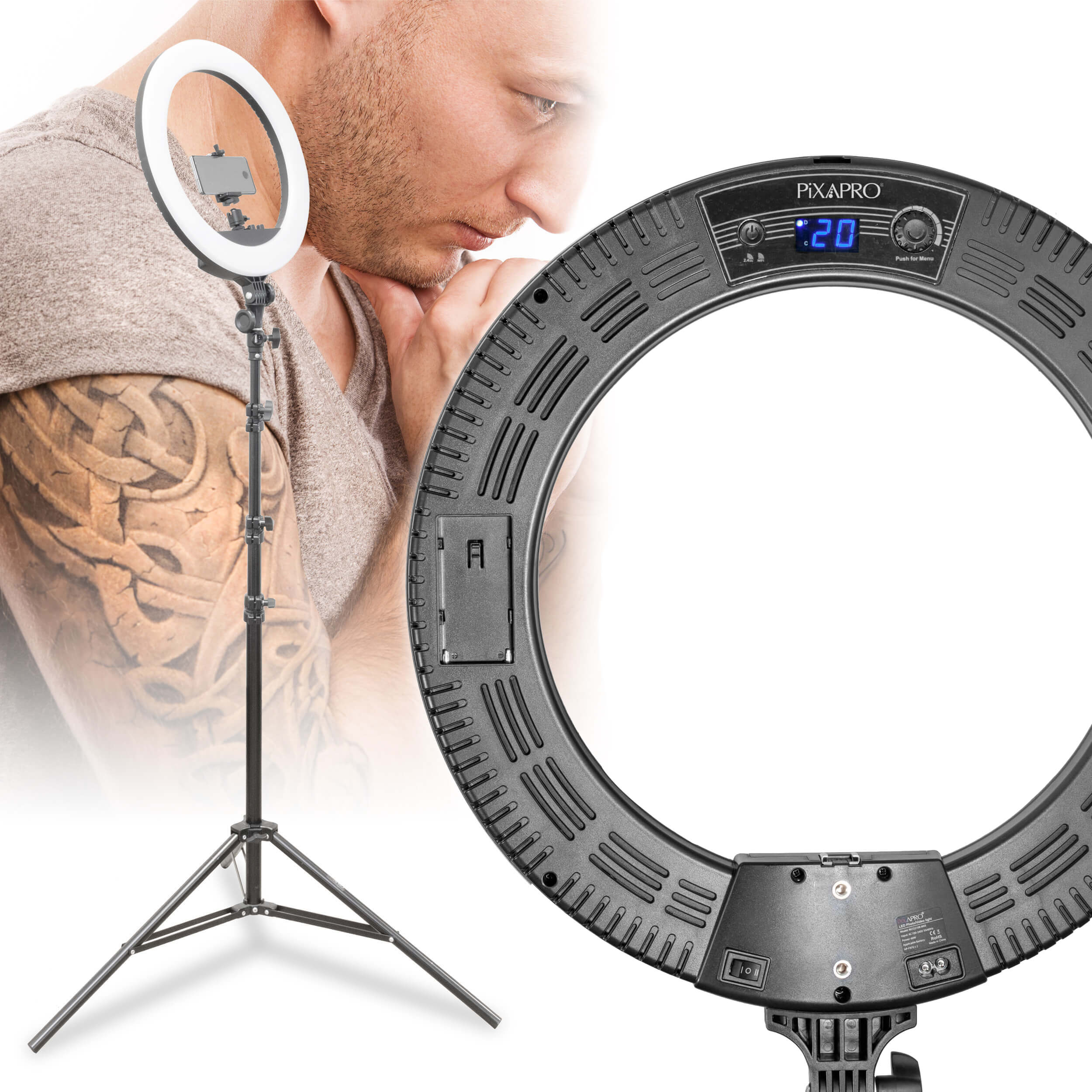 RICO240B MKII 46cm Professional LED Ring Light Kit for Tattoo Artists - Adjustable Stand, Bright Lighting for Tattooing, Makeup, Photography & Video Studio Work