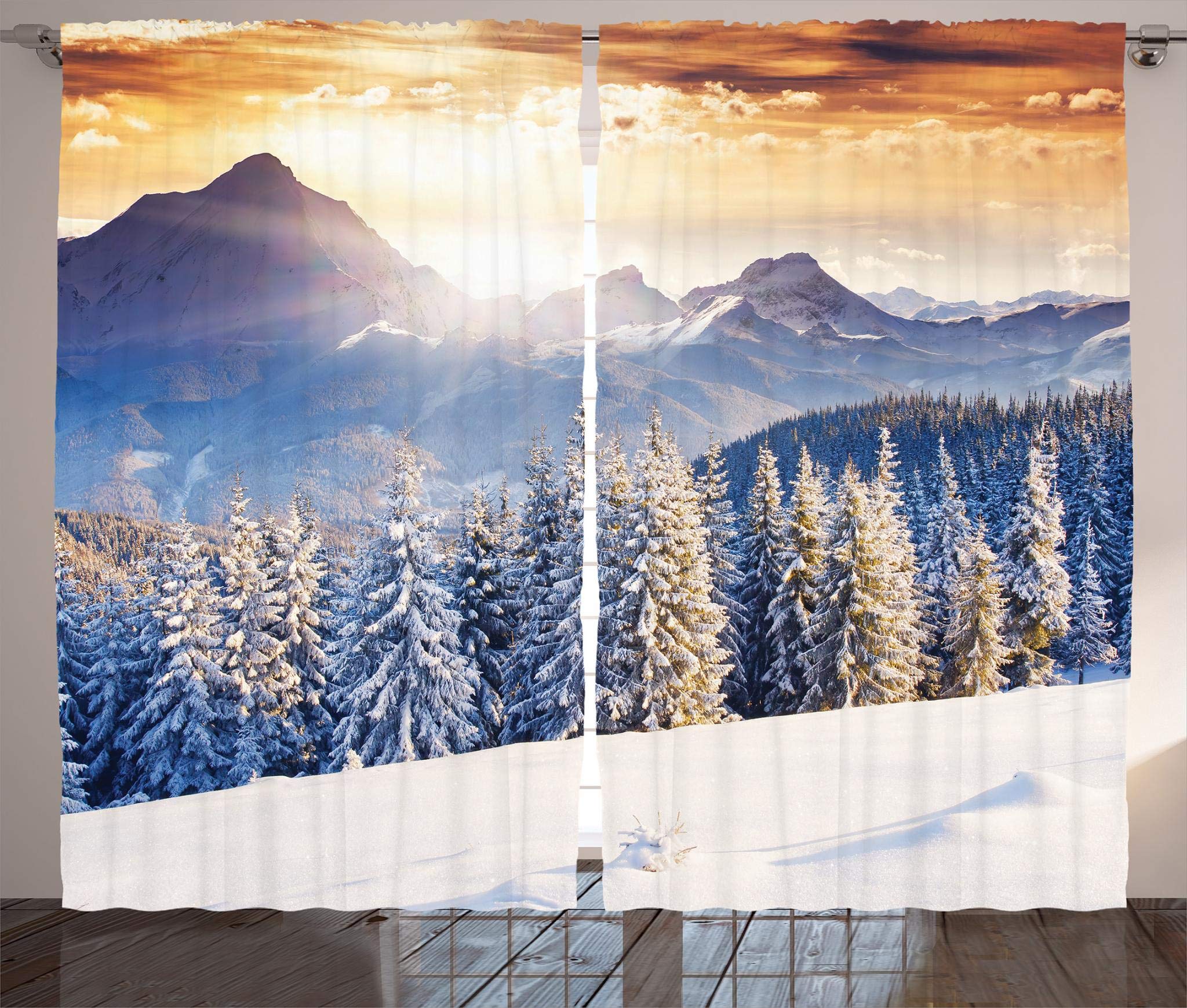 Ambesonne Christmas Curtains - Winter Wonderland Snowfall Holiday Window Drapes for Living Room & Bedroom | 2 Panel Set 108x84 Inches in Amber White & Pale Blue | Perfect for Festive Home Decor & Seasonal Window Treatments