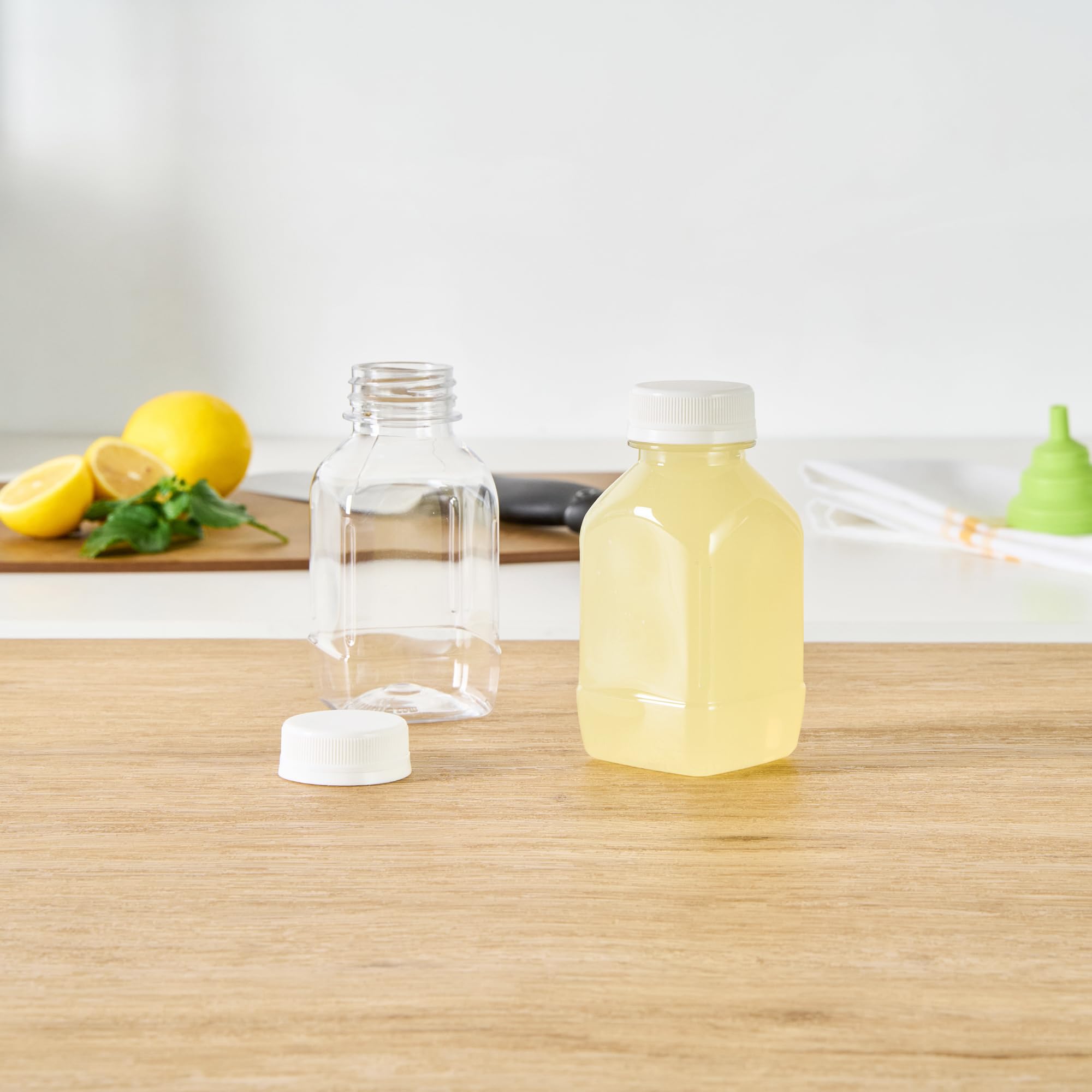 8oz Clear Plastic Juice Bottles with White Caps - 100 Pack Disposable Square Bottles for Juicing, Smoothies & Beverages | Perfect for Juice Bars, Coffee Shops, Restaurants & Catering Services | Leak-Proof, BPA-Free, Commercial & Home Use