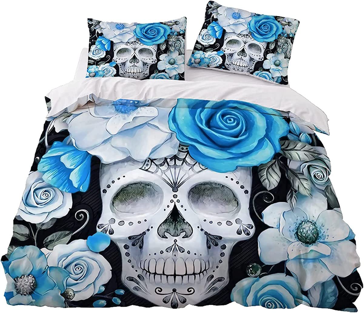 Gothic Skull Blue Rose Duvet Cover Set - Queen Size Halloween Bedding with Zipper & Ties, 3-Piece Comforter Set for Couples Room Decor | Perfect for Spooky Themed Bedrooms & Gothic Home Decor