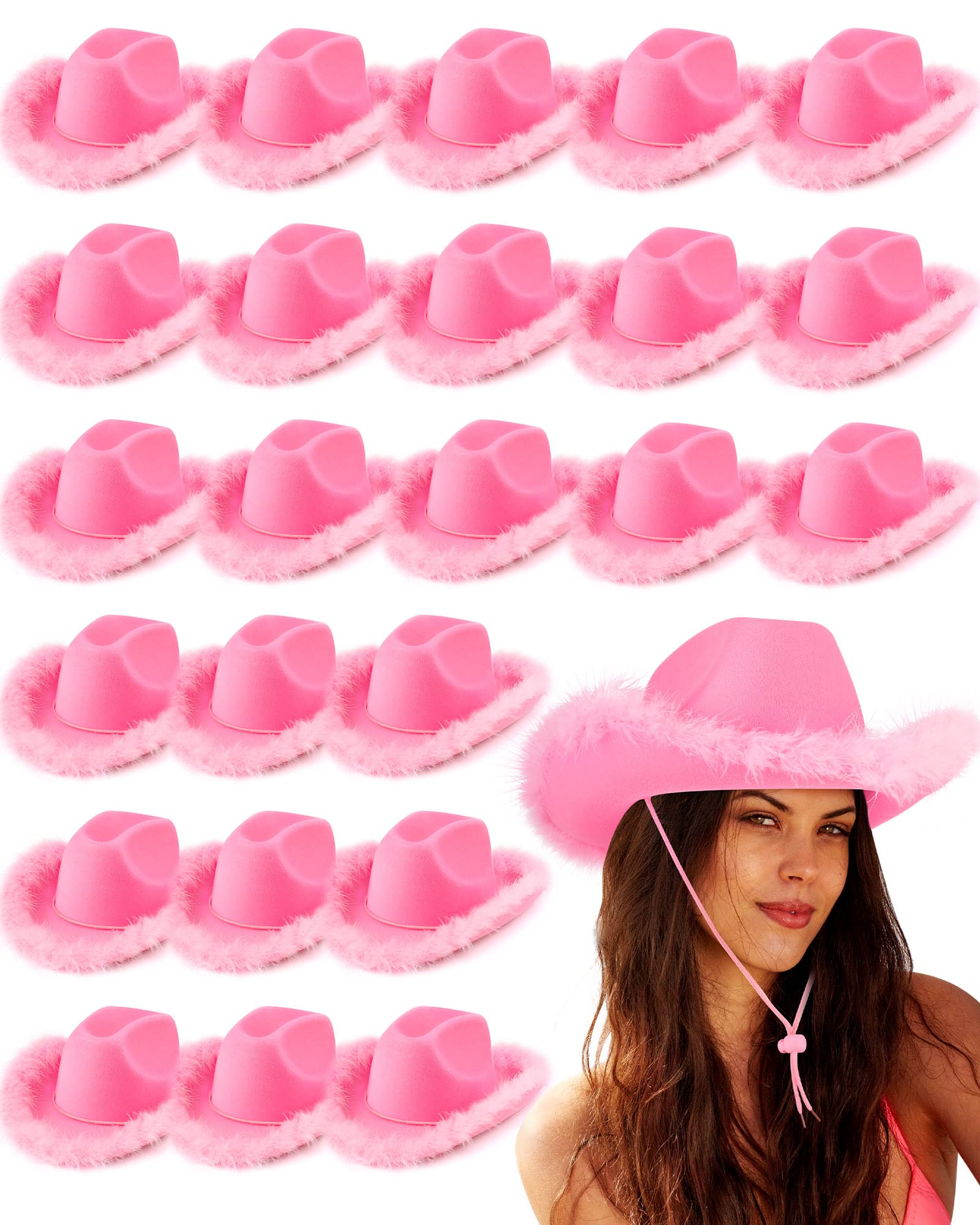 24 Pack Pink Cowgirl Hats with Feather Boas - Western Party Hats for Women & Girls - Bachelorette, Birthday, Wedding Costume Accessories - Perfect for Country Themed Parties, Halloween & Photo Shoots