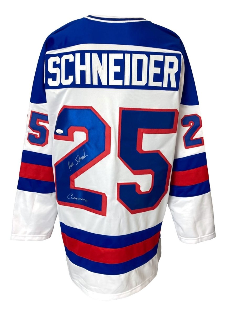 Buzz Schneider USA Signed White Hockey Jersey - Authentic JSA Hologram - Coneheads Inscription - Collectible NHL Memorabilia - Perfect for Sports Fans, Collectors, and Hockey Enthusiasts