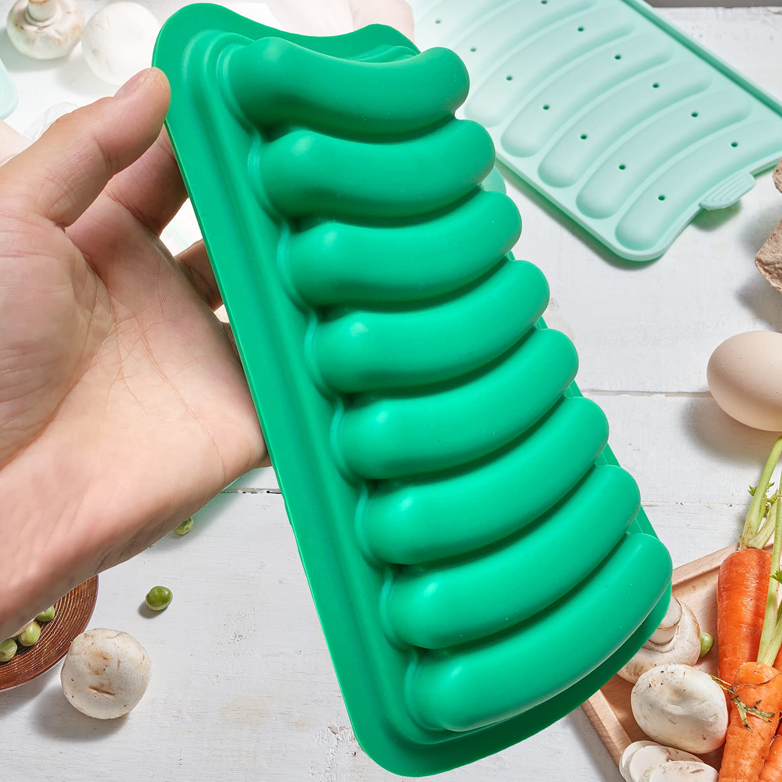 2 Pack Large Green BPA-Free Non-Stick Silicone Sausage Molds (8 Cavity) for DIY Breakfast Sausages, Hot Dogs & Homemade Baby Food - Perfect for Meal Prep, BBQ Parties & Healthy Cooking
