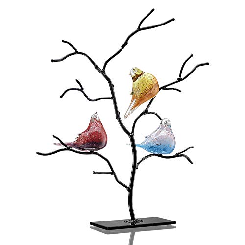 SPI Art Glass Bird Trio on Metal Tree Statue - Handmade Decorative Sculpture for Home & Garden Decor | Perfect for Living Room, Patio, or Gift