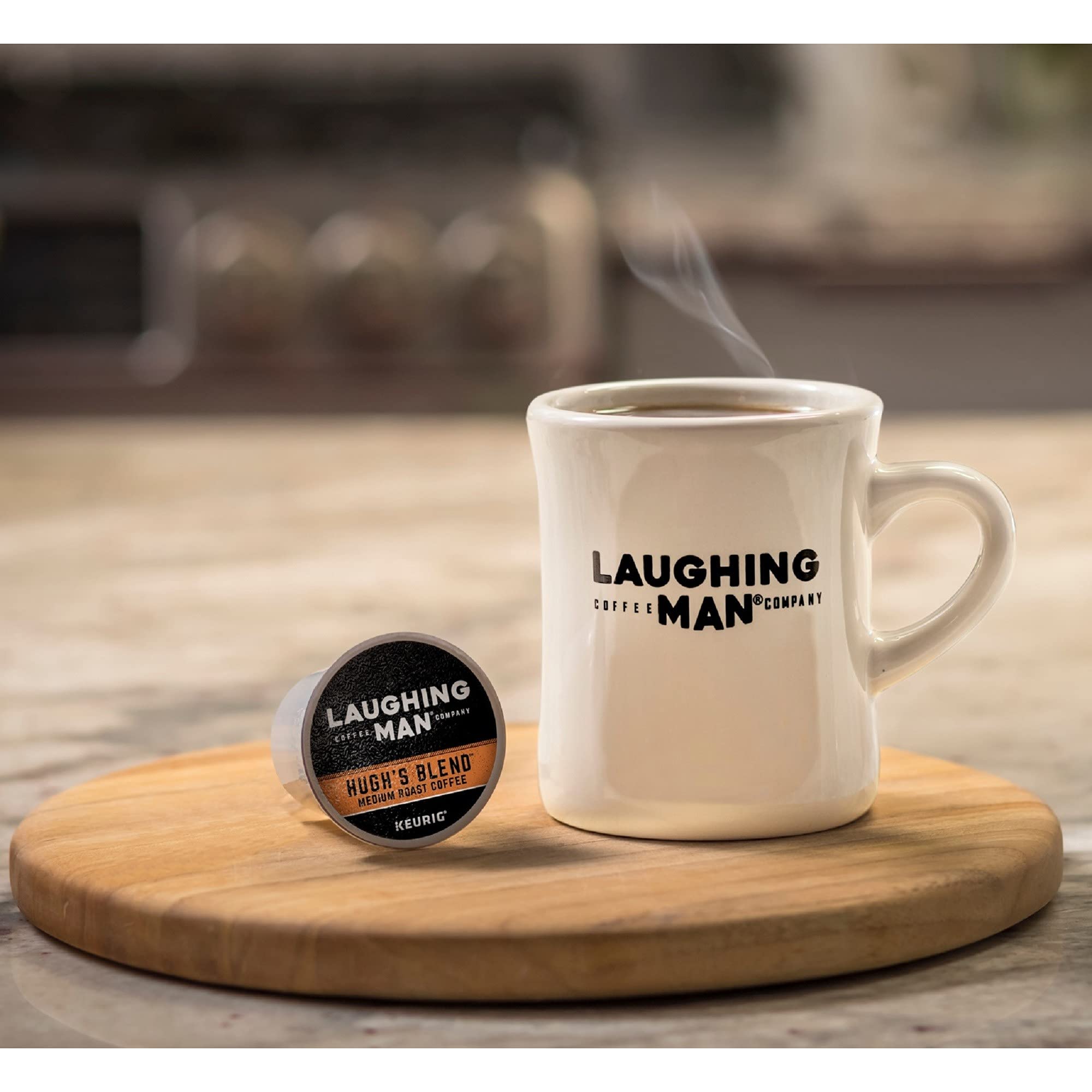 Laughing Man Hugh’s Blend Fair Trade Medium Roast Arabica Coffee Pods - 88 Recyclable K-Cups (4 Packs of 22) for Keurig Single-Serve Coffee Makers | Perfect for Home, Office & Morning Brews