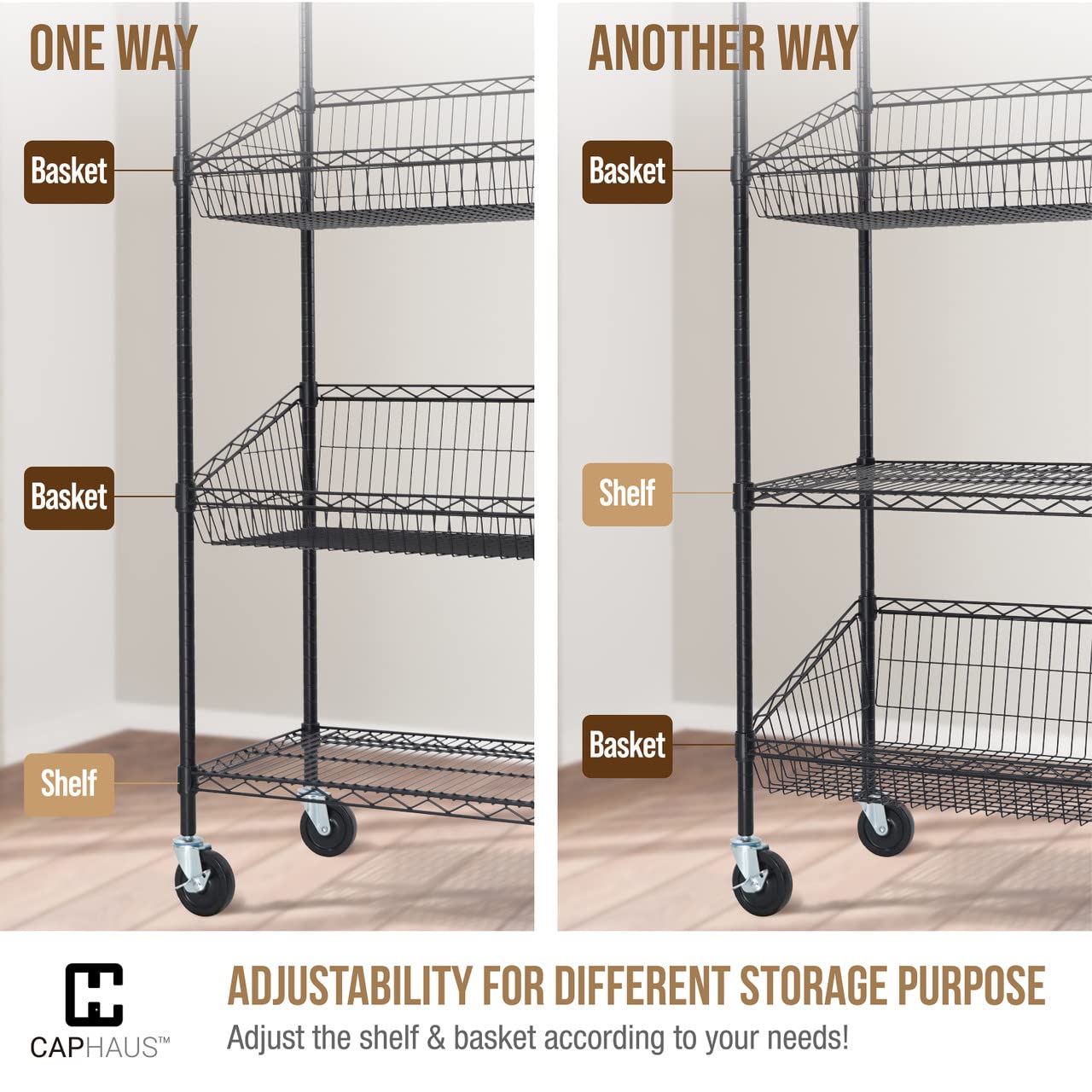 CAPHAUS NSF Certified Commercial Heavy Duty 4-Tier Wire Shelving with 2 Trapezoid Baskets, Wheels & Leveling Feet - Black Metal Storage Shelf for Garage, Basement, Warehouse & Utility Room Organization