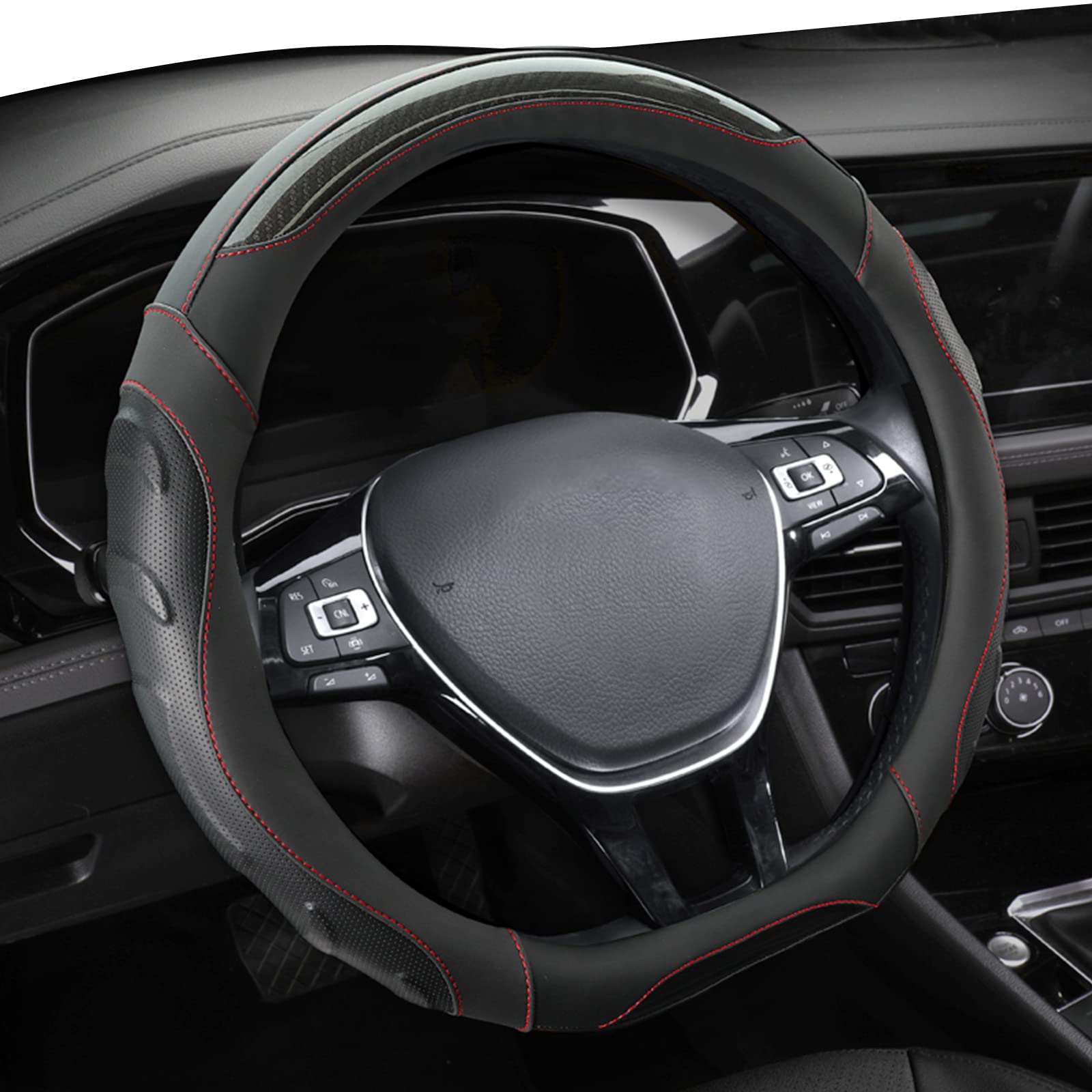 Premium D-Shaped Sport Steering Wheel Cover - Breathable Anti-Slip Carbon Fiber & Microfiber Leather - 15