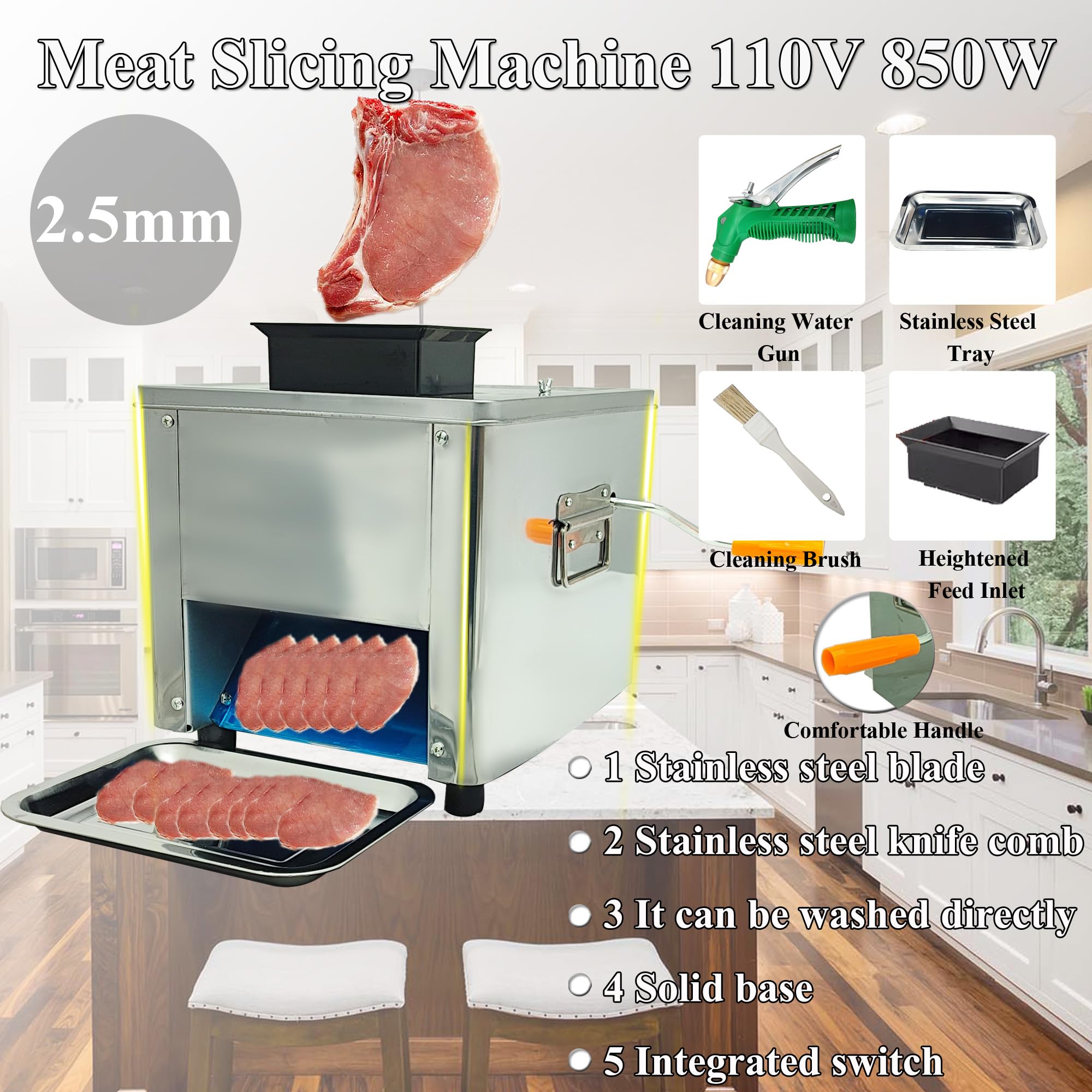 Commercial Electric Meat Slicer Machine - 850W 110V Stainless Steel Blade (2.5mm) for Meat, Vegetables & Food - Perfect for Deli, Butcher Shop, Restaurant & Home Kitchen Use