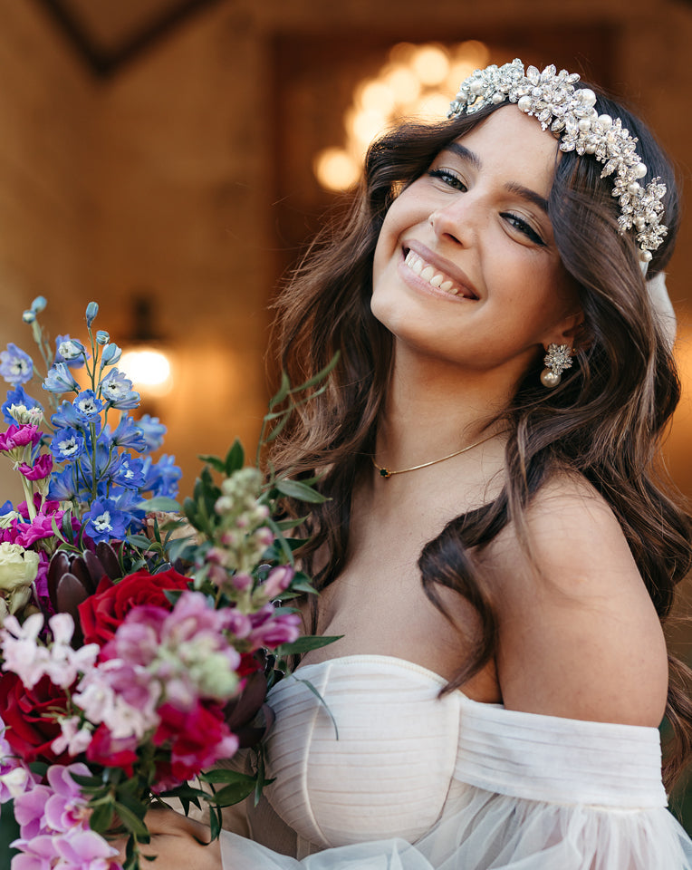 Elegant Wedding & Bridal Crystal Garland Headpiece with Tulle Bow - Titania by Kezani | Perfect for Brides, Bridesmaids & Special Occasions