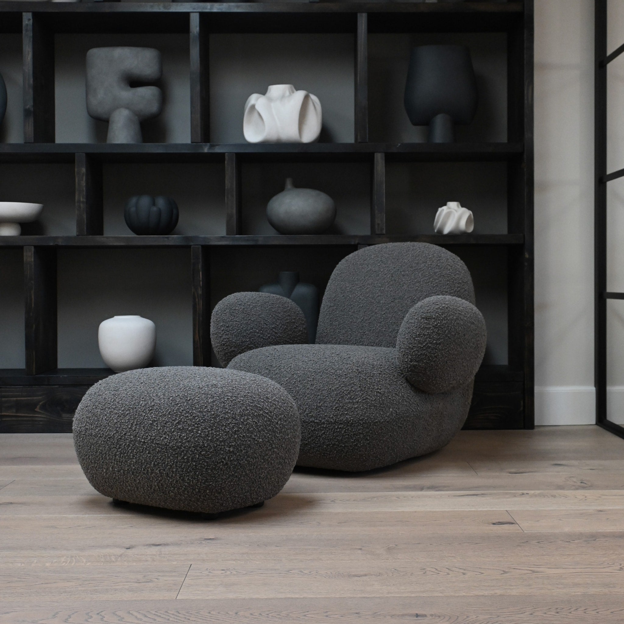 PRE ORDER 101 COPENHAGEN Toe Ottoman, Deep Taupe Bouclé Upholstered Footstool - Modern Living Room Accent Piece for Cozy Home Decor
