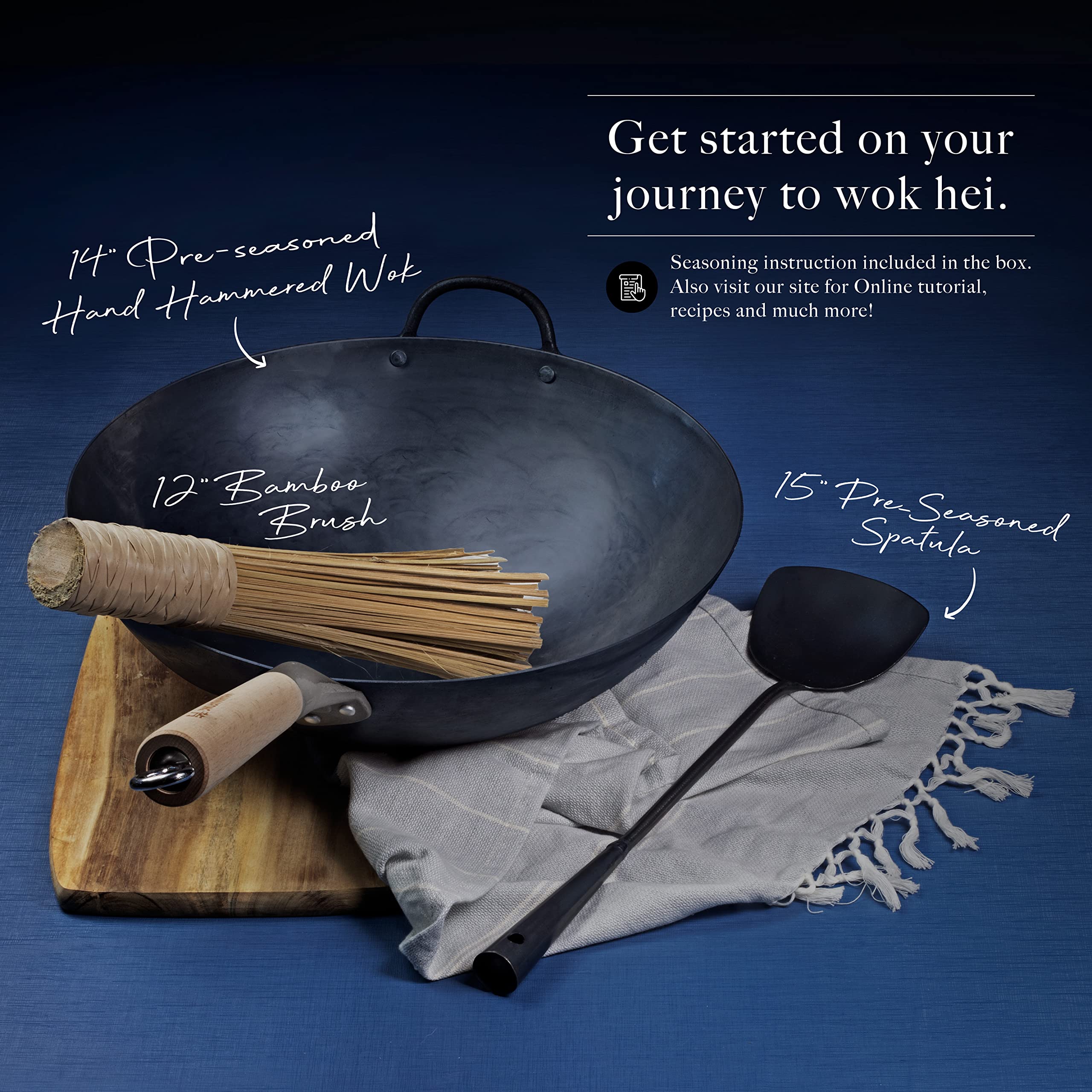 14 Inch Traditional Hand Hammered Pre-Seasoned Carbon Steel Wok Set with Spatula & Bamboo Brush - Round Bottom Chinese Stir Fry Pan for Professional Cooking, Home Kitchen & Asian Cuisine
