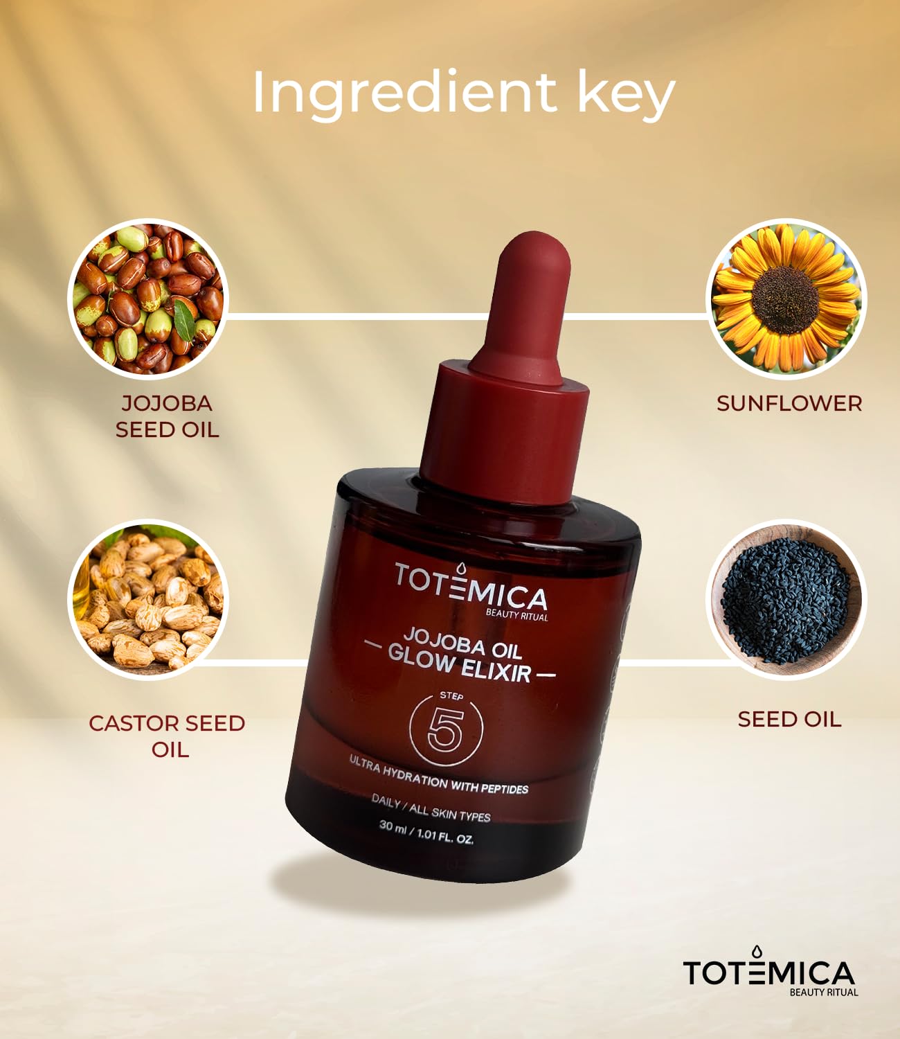 Organic Jojoba Oil Glow Elixir – Hydrating & Anti-Aging Face Oil with Peptides | Vegan, Non-Comedogenic Facial & Body Moisturizer for Dry Skin & Hair Care (1.01 Fl Oz) | Perfect for Night Routine, Massage & DIY Beauty Treatments