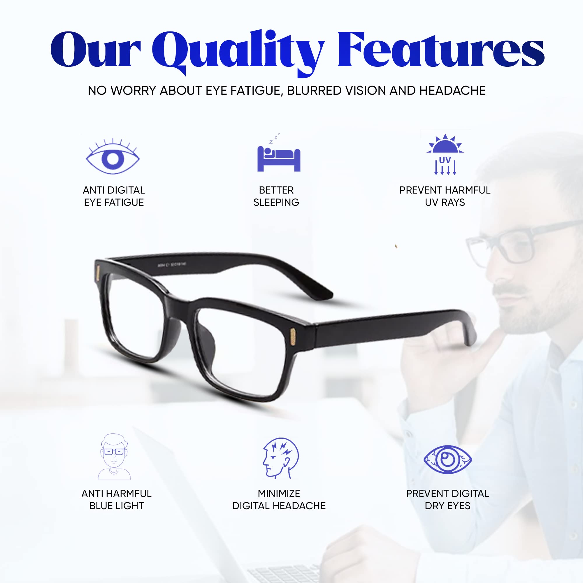 Blue Light Blocking Glasses for Women & Men - Black Frame for Computer, Gaming & Reading