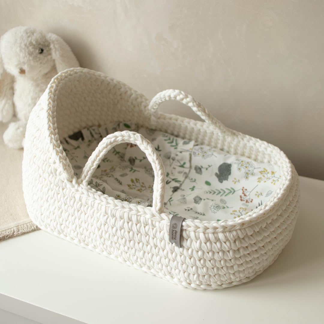 **White Boho Doll Bassinet with Round Hood & Rocking Stand - Baby Doll Crib, Pretend Play Toy Carrycot, Crochet Doll Basket for Nursery Decor & Imaginative Play**