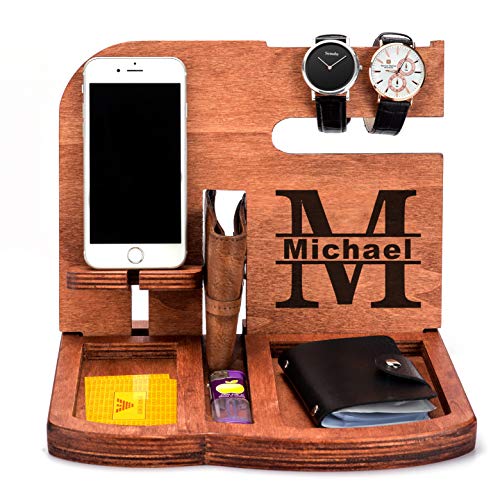 Premium Wooden iPhone Docking Station for Men - Elegant Phone Valet & Desk Organizer with Storage, Perfect Birthday/Anniversary Gift for Him - Ideal for Nightstand, Office Desk, or Dresser Organization