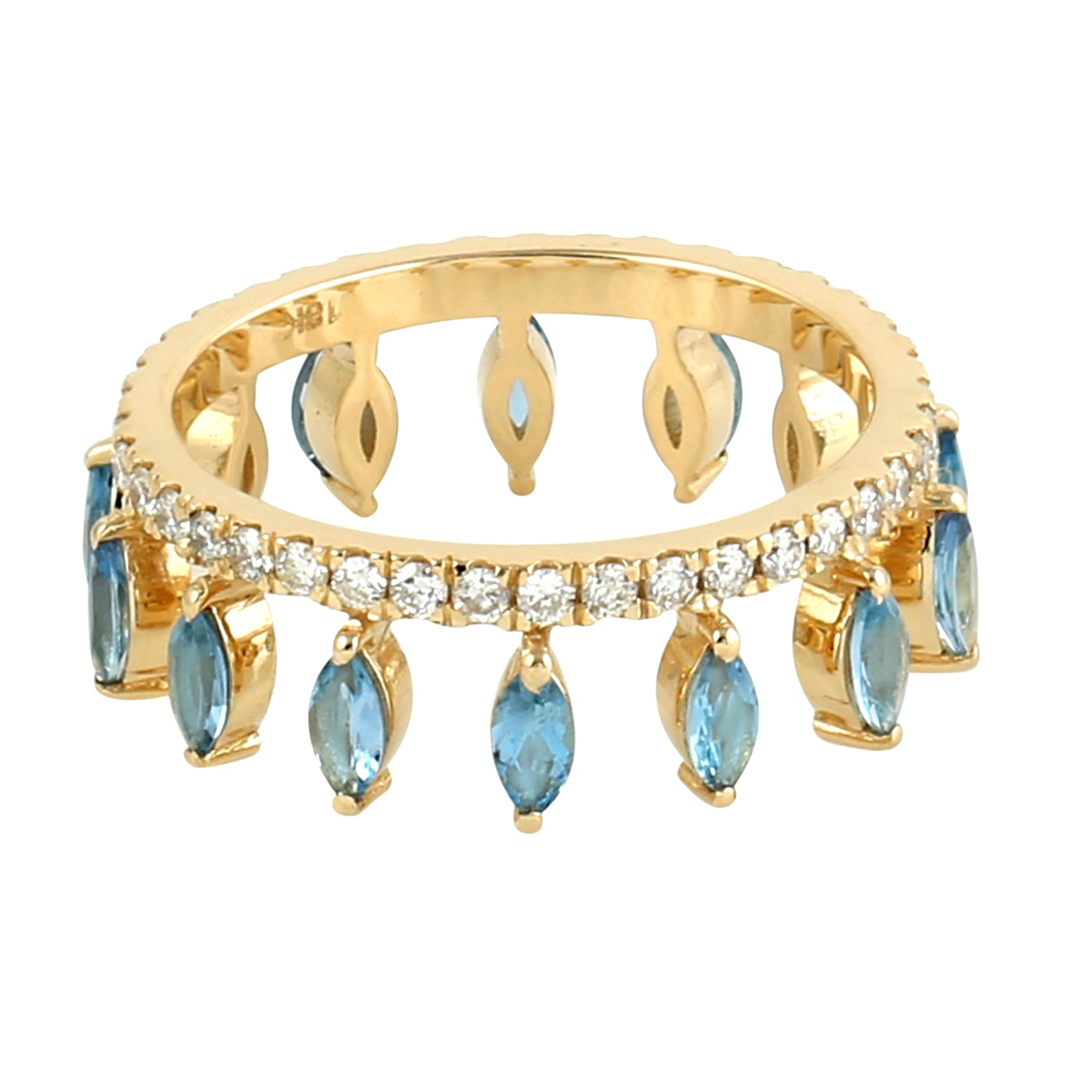 Elegant Marquise Cut Aquamarine Pave Diamond Tiara Band Ring in 14K Yellow Gold | Perfect for Weddings, Prom & Special Occasions