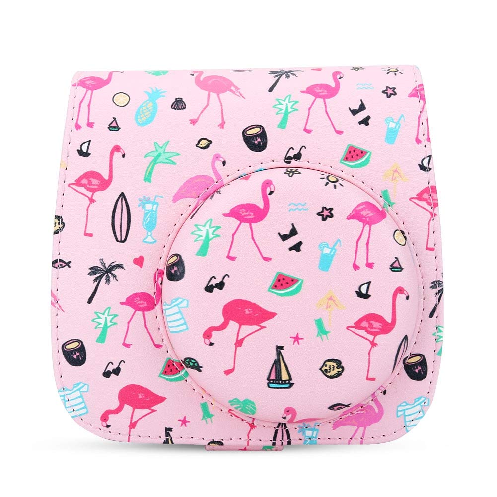 ANGGREK Flamingo Pattern PU Leather Camera Case Bag with Strap - Protective Pouch for Fujifilm Mini 8/8+/9/9+ & Instant Cameras - Perfect for Travel, Parties & Everyday Photography