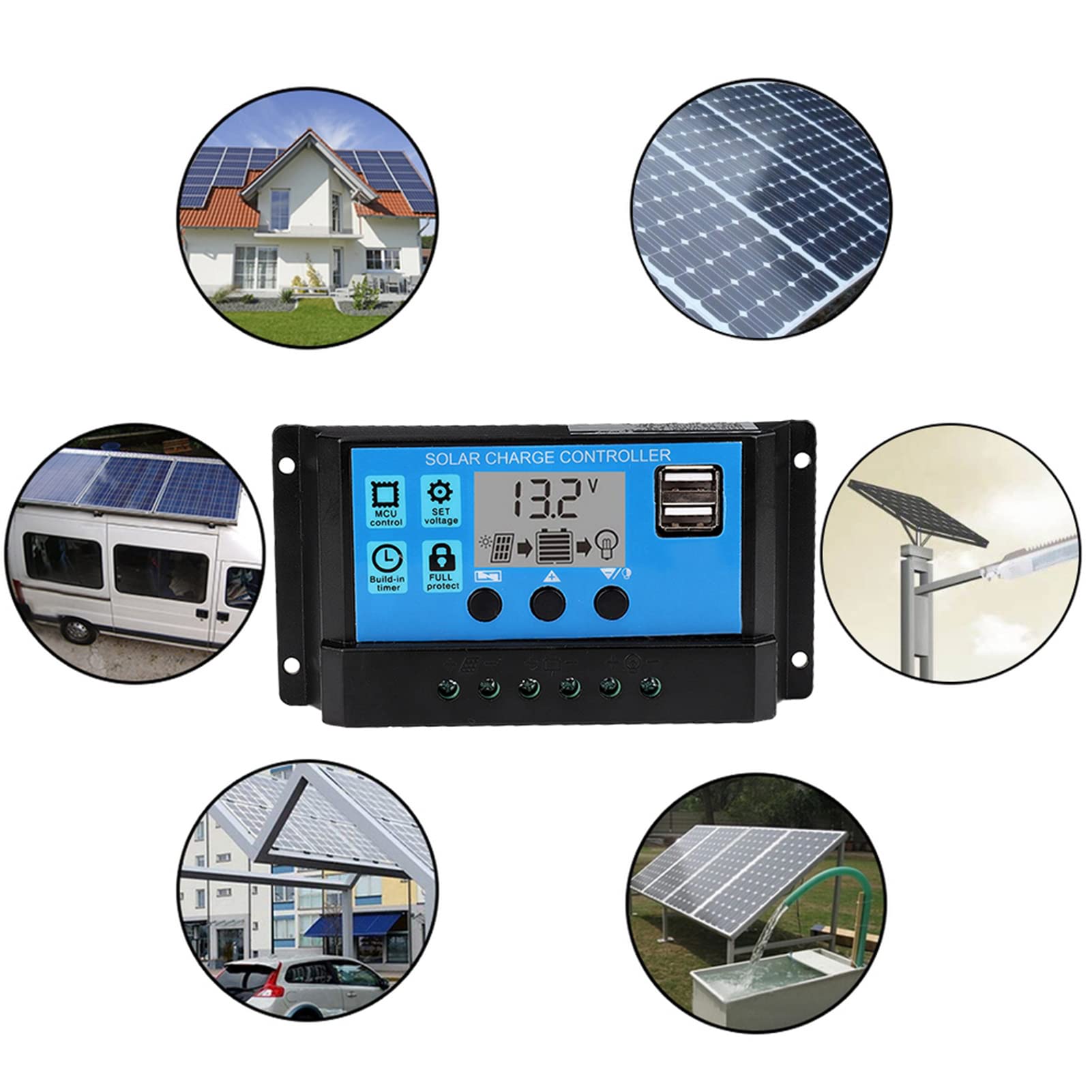 60A Solar Charge Controller 12V/24V PWM with LCD Display & Dual USB - Auto Solar Panel Battery Regulator for RV, Boat, Off-Grid Power Systems
