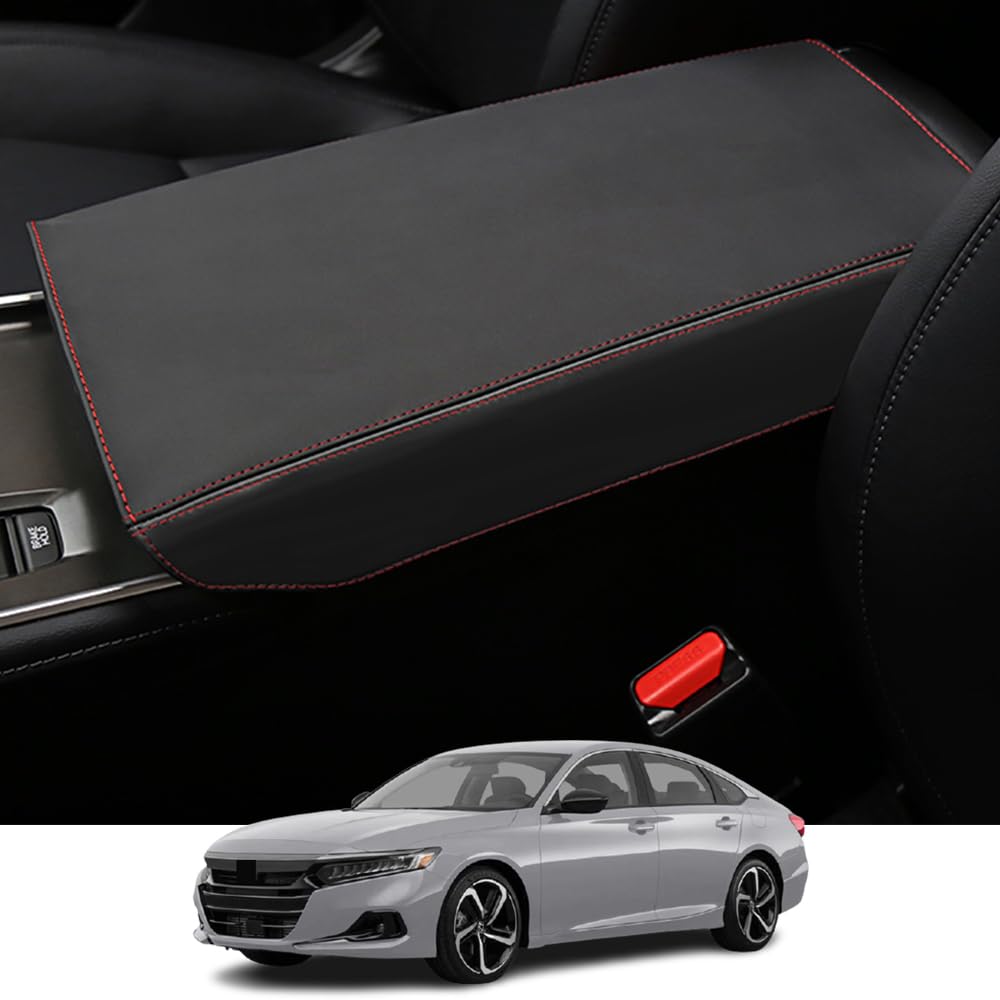 Premium Leather Center Console Cover for Honda Accord 2018-2022 - Waterproof & Anti-Scratch Armrest Protector with Red Stitching | Custom Interior Accessories for Enhanced Comfort & Style