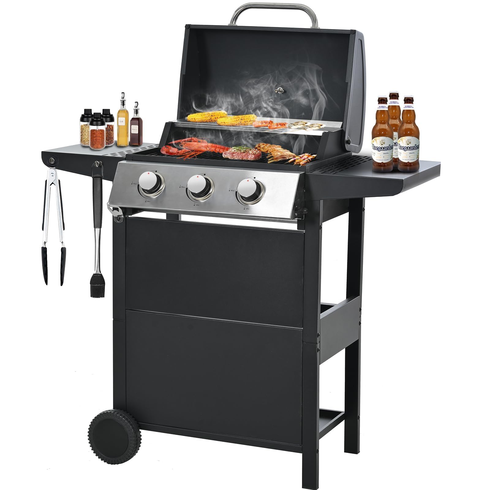 **30,000 BTU Stainless Steel 3-Burner Propane Gas Grill with Cover, Wheels & Side Shelves – Perfect for Outdoor Patio, Garden, Picnic & Backyard BBQ**
