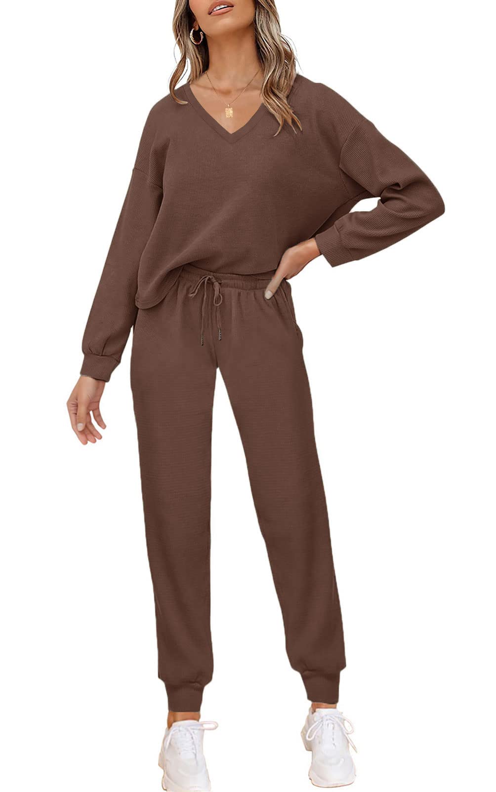 PIIRESO Women's 2-Piece V-Neck Waffle Knit Loungewear Set - Long Sleeve Top & Jogger Pants with Pockets | Cozy Casual Outfit for Home, Yoga, Travel & Relaxation