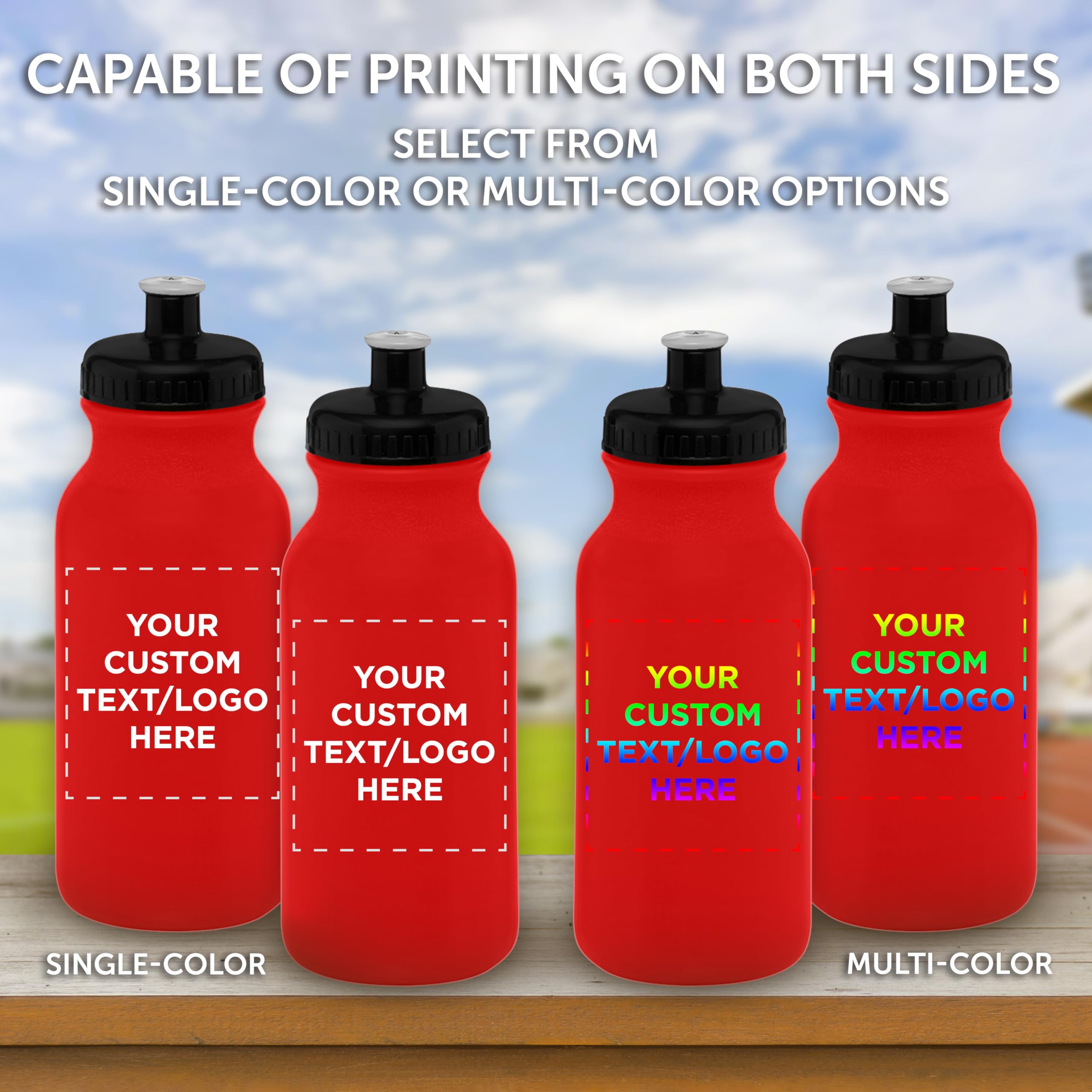 Custom 20 oz. Water Bottles with Push Cap - Bulk Pack of 100 Personalized Sport Bottles - Ideal for Gym, Hiking, Camping & Outdoor Activities - Red - Great for Team Events, Corporate Gifts & Promotional Giveaways