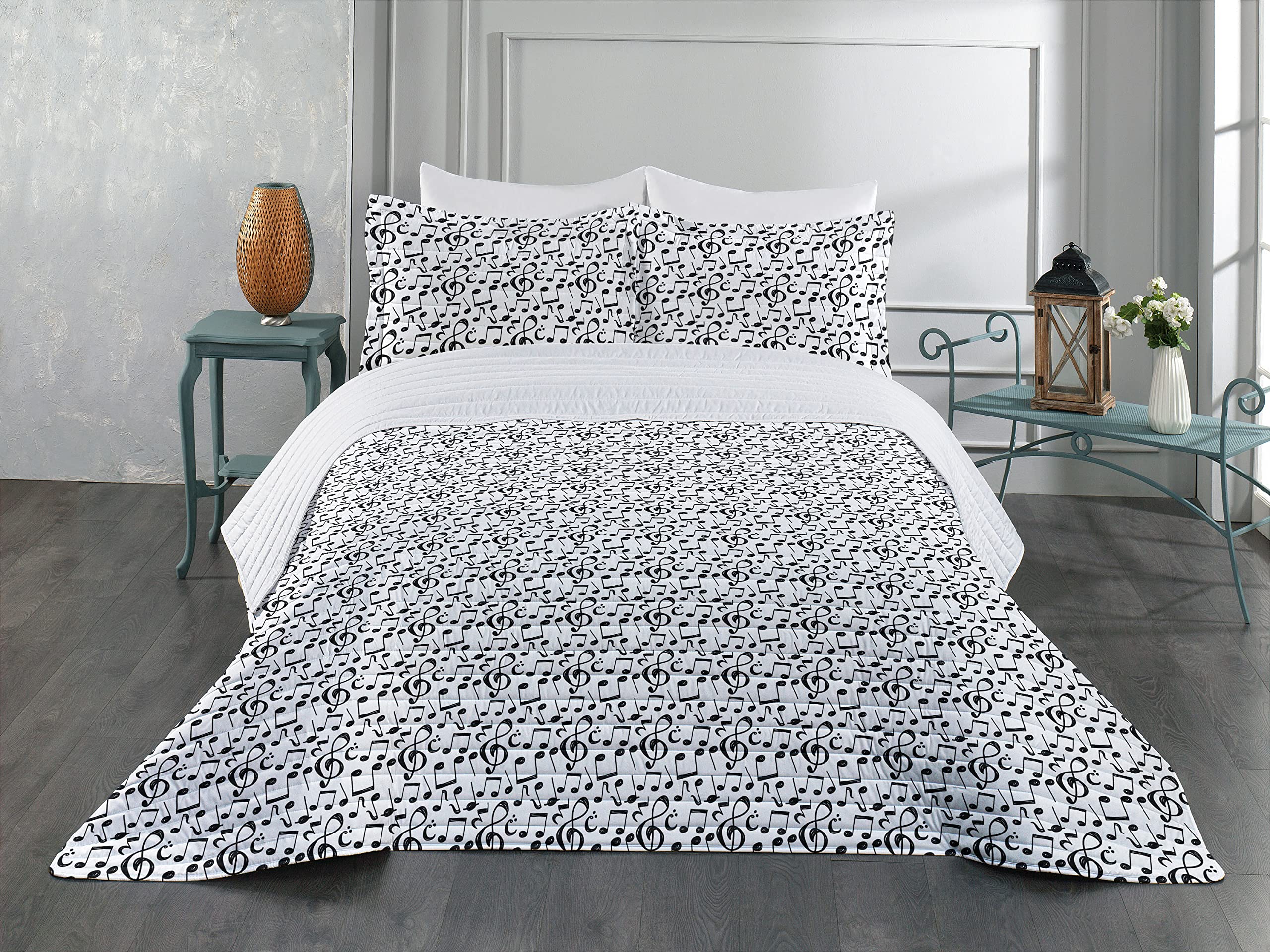 Ambesonne Music Themed Microfiber Bedspread Set - Black and White Musical Notes & Melody Design | King Size Soft Bedding with Pillow Shams & Comforter | Perfect for Music Lovers' Bedroom Decor, Guest Rooms & Dorm Rooms