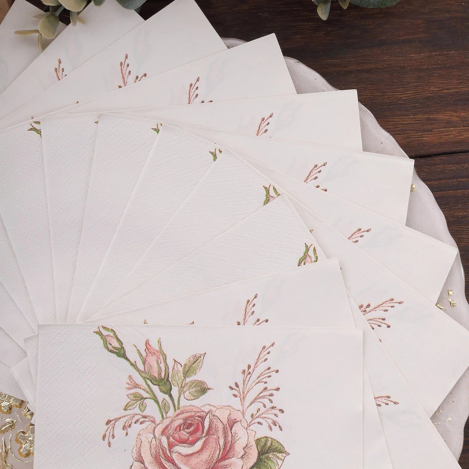 20-Pack Ivory & Pink Rose Cocktail Napkins 13x13 Inch Disposable Paper Napkins for Wedding, Bridal Shower, Birthday Party & Elegant Events